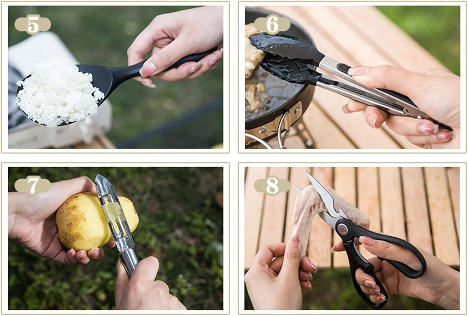 Camping Utensil Bag - Stainless Kitchen Utensils 8-Piece,Portable Camp Kitchen Organizer, Metal Cooking Utensil Set for Hiking, Outdoor Kitchen