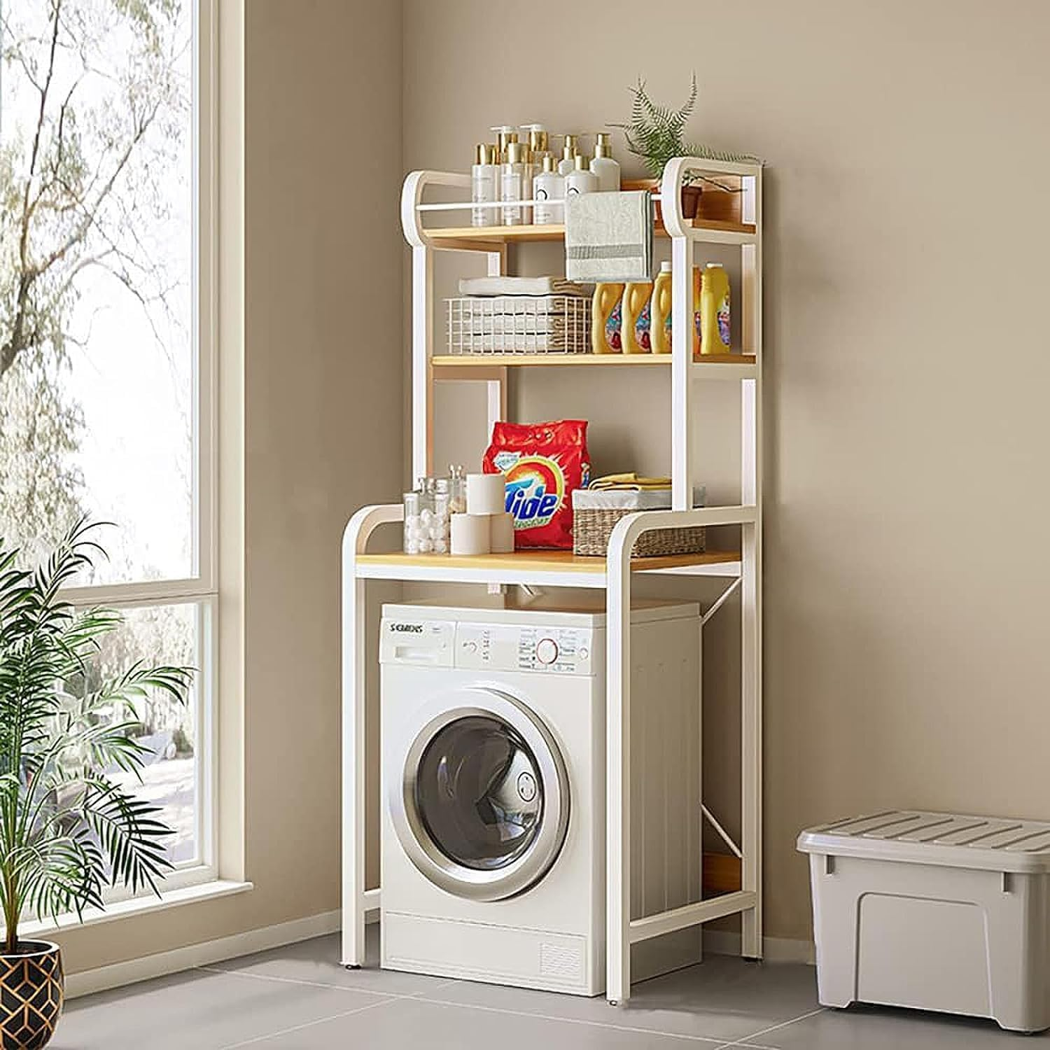 Fohouse 3-Tier over the Toilet Storage, above Washer Dryer Rack, Bathroom Balcony Organizer for Space Saving, Metal Laundry Shelf (White) image number 1