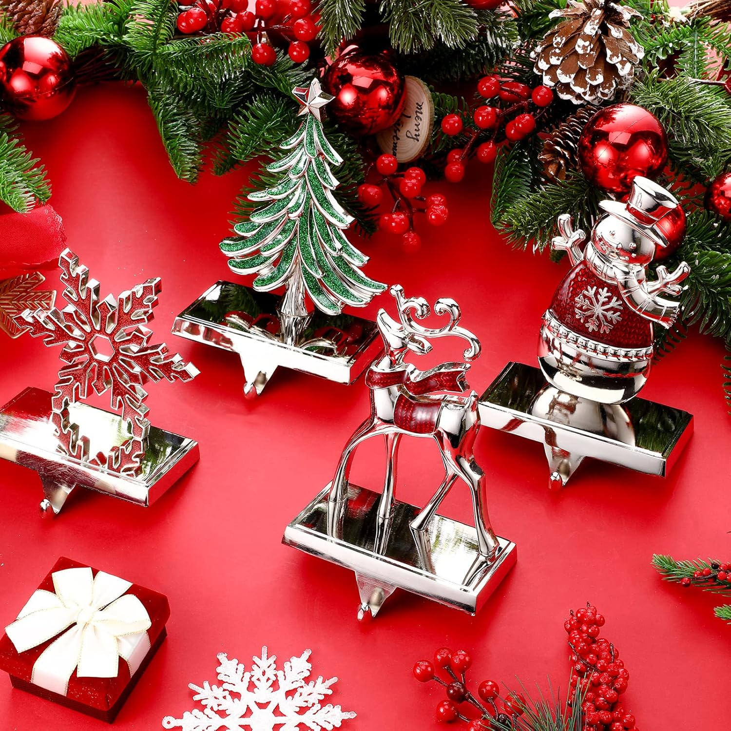 Zhengmy Set of 4 Christmas Stocking Holders for Mantle Reindeer Snowflake Snowman Pine Tree Metal Standing Hook Decorative Holder Stand Silver Stockings Hanger Xmas Fireplace, Blue, Red, Green image number 3