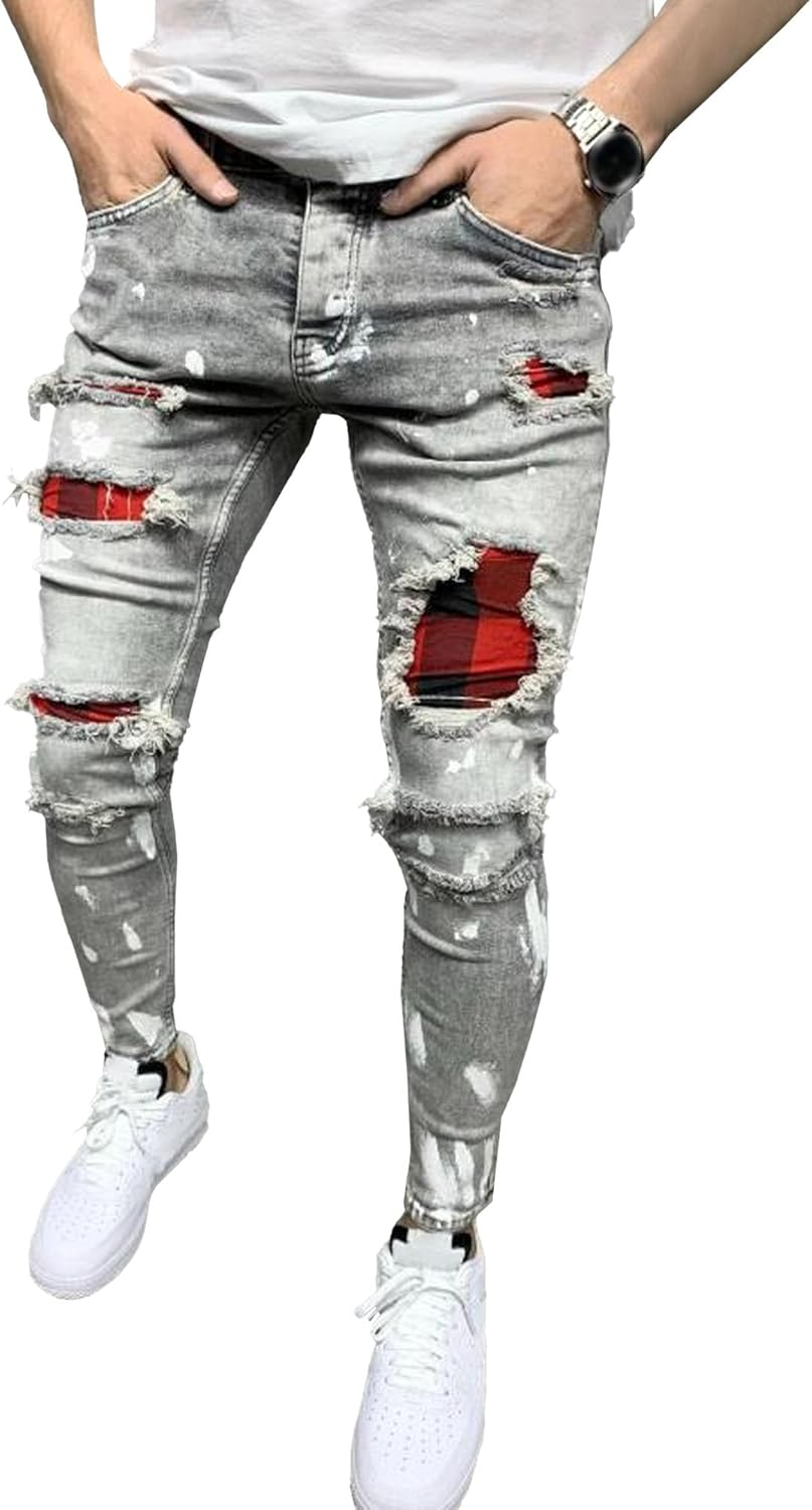 Jeshifangjiusu Mens Ripped Elastic Straight Leg Denim Jeans Walking Long Denim Pants Vintage Casual Trousers, Grey, 33W image number 1