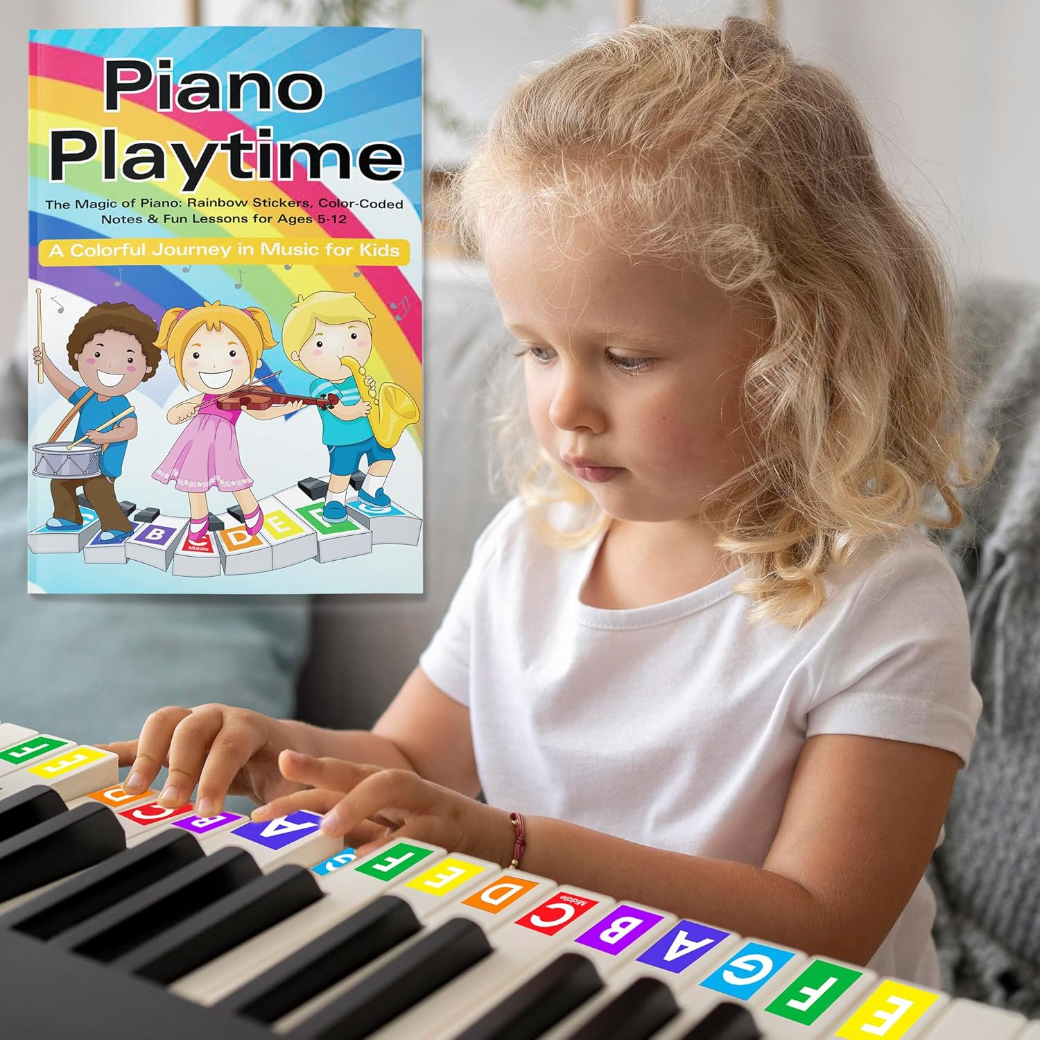 QMG Rainbow Color Piano and Keyboard Sticker and Kids Piano Learning Book Easy to Follow Instructions for Kids, Beginner Piano Book for Children, Easy Piano Sheet Music for Kids image number 6