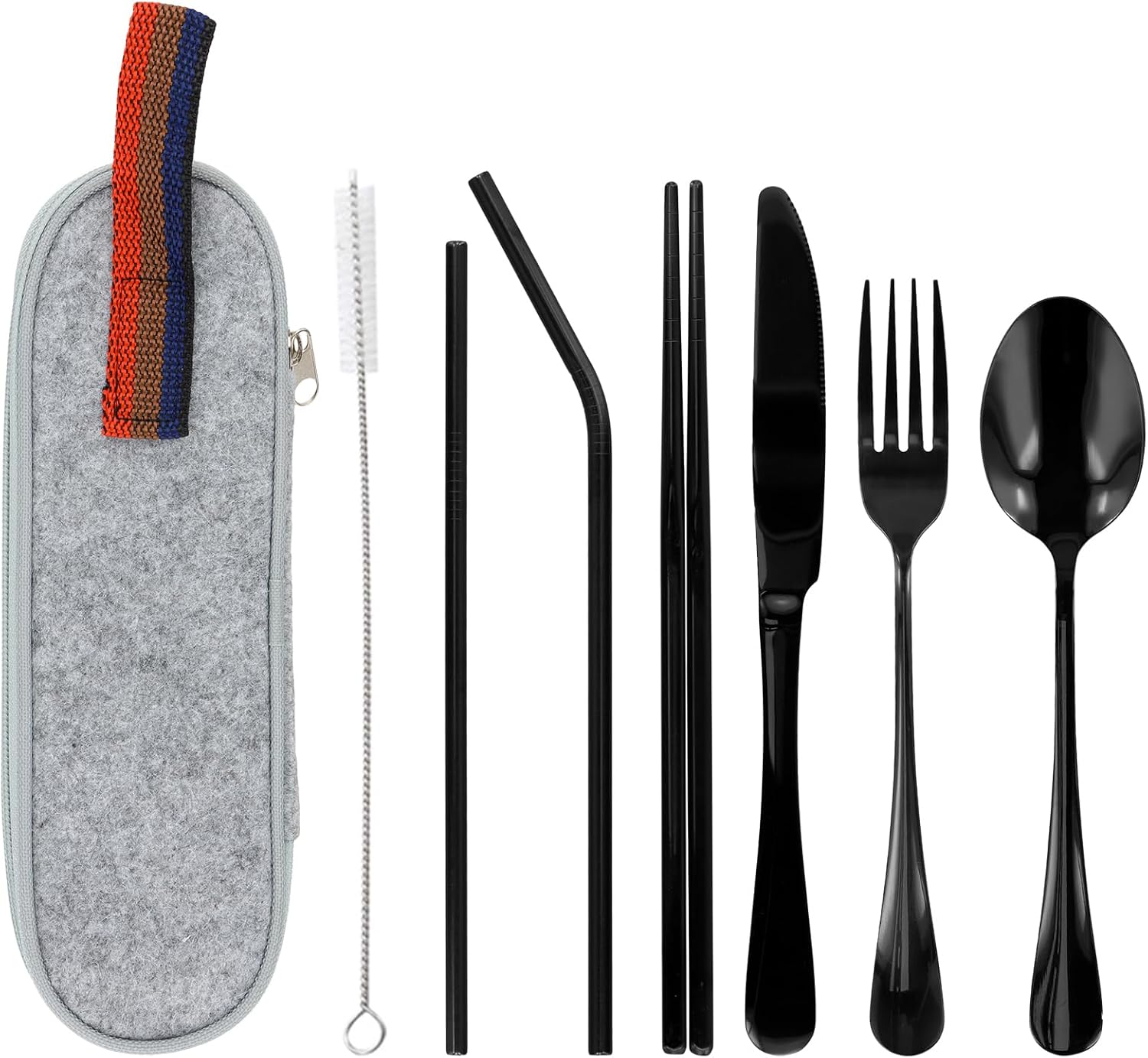 Portable Utensils Dinnerware Set, Travel Camping Cutlery Set - Including Knife Fork Spoon Chopsticks Cleaning Brush Straws Portable Case, 8 Piece Stainless Steel Flatware (Black Cutlery)