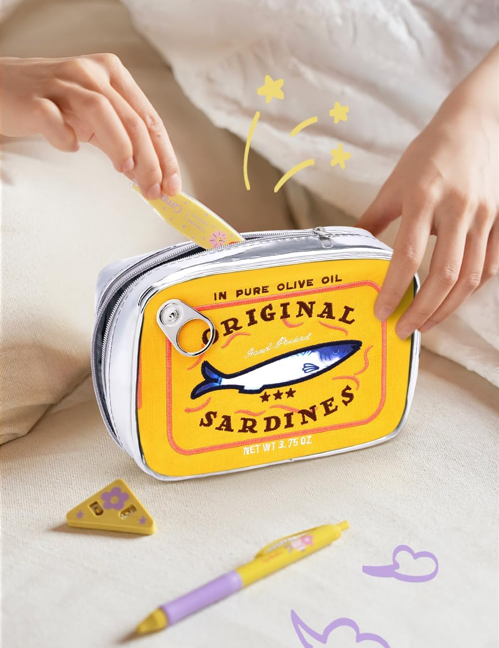 Cessfle Canned Sardines Makeup Bag, Creative Cute Makeup Bag Canned Fish Cosmetic Bag Coquette Cosmetic Pouch Aesthetic Toiletry Bag for Women Girls, Yellow image number 2