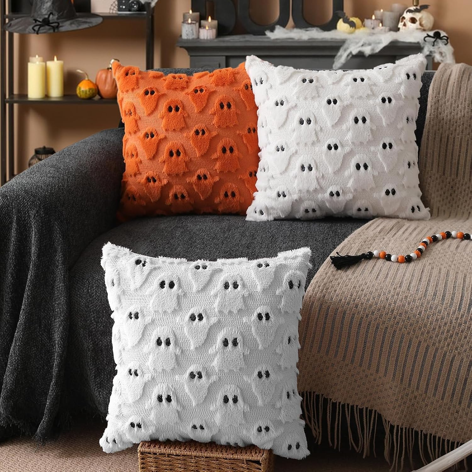 Halloween Ghost Plush Pillow Covers &ndash; 17.7 X 17.7 Inch Set of 2, Fluffy Faux Fur Cushion Covers for Sofa & Home Decor Farmhouse-Style Decorative Throw Pillow Cases (White) image number 6