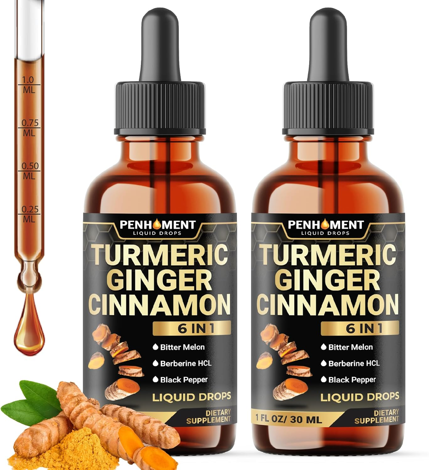 PENHOMENT 6In1 Liquid Turmeric Curcumin with Ginger, Berberine, Ceylon Cinnamon, Bitter Melon, Black Pepper - Drops Extract for Joint Support - 2Packs of 1 Fl Oz image number 5