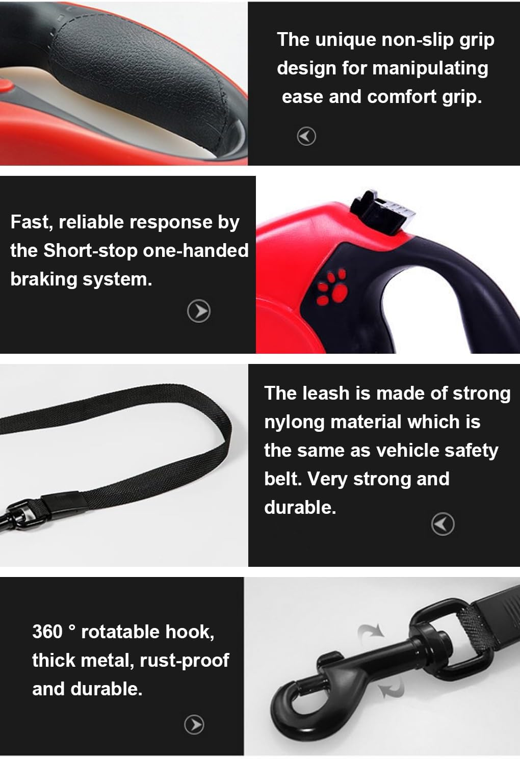 8M Retractable Dog Leash, Hands Free Long Dog Lead,Heavy Duty Dog Walking Leash for Dog, Cat up to 40 Kg, 360&deg; Tangle-Free Strong Nylon Tape, Anti-Slip Handle, Brake,Pause,Lock Red image number 4