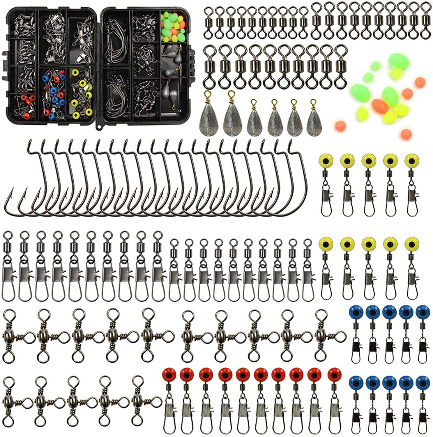 Croch 160Pcs/Box Fishing Accessories Kit with Tackle Box,Including Jig Hooks, Bullet Bass Casting Sinker Weights, Different Fishing Swivels Snaps, Sinker Slides, Fishing Line Beads image number 2