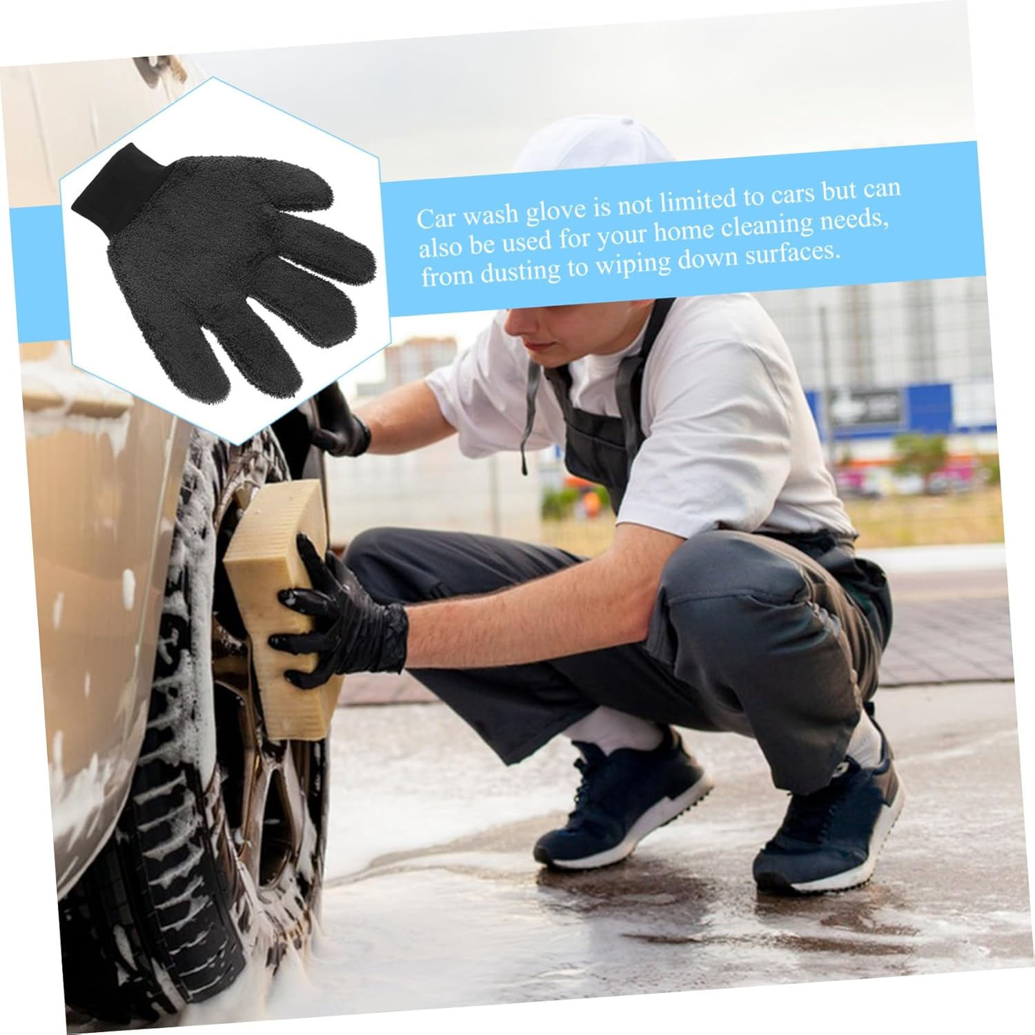 CVUTOVO Car Washing Glove Double-Sided Coral Fleece Wash Mitt 5-Finger Thickened Microfiber Dusting Mitt for Vehicle Exterior Cleaning Black Suitable for Automotive Detailing image number 5