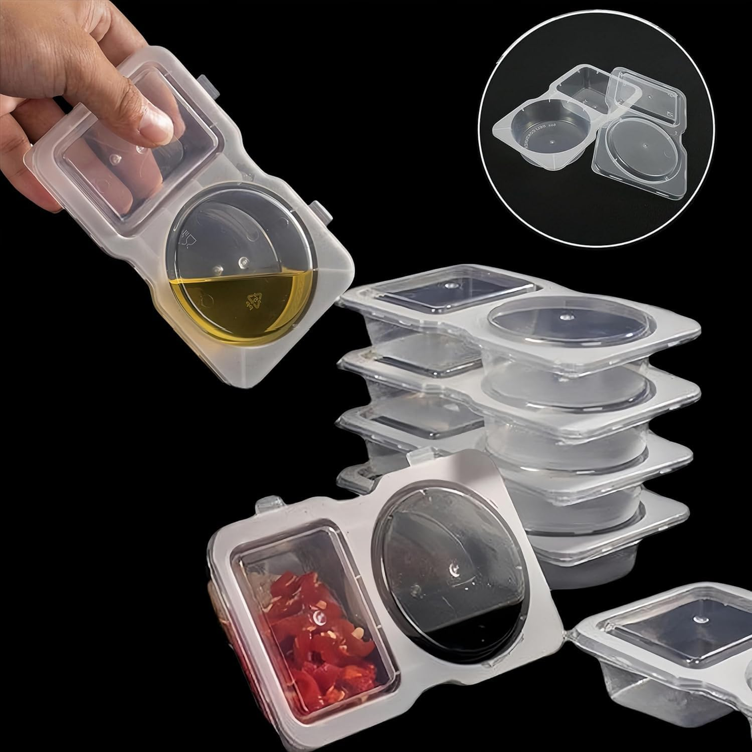 30Pcs Double Compartment Condiment Container with Lids,2 Compartment Snack Containers,Portable Reusable Sauce Container,Containers for Condiment, Dip, Sauce, Sampling and Travel Snacks image number 4