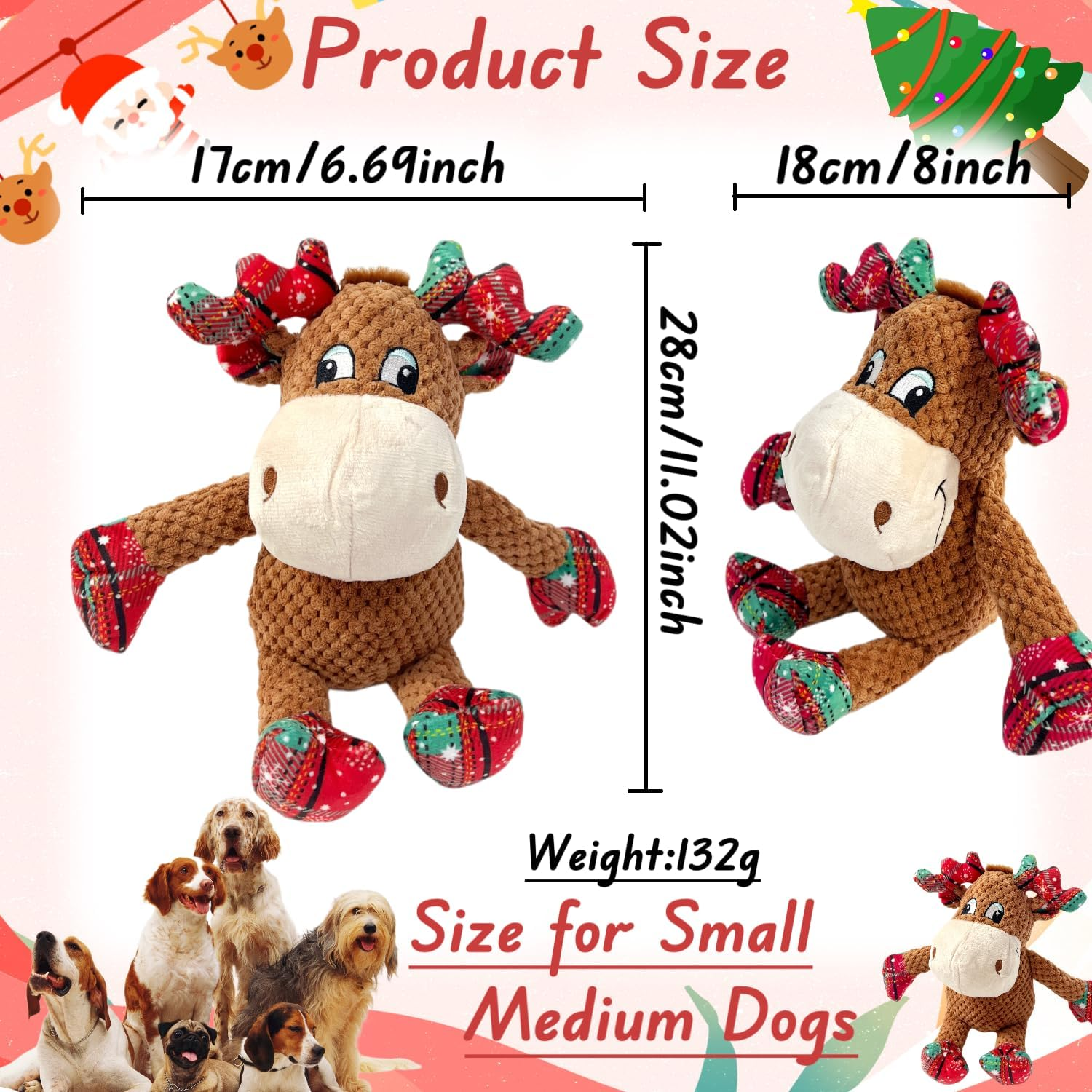 Christmas Dog Squeaky Toys with Crinkle, Xmas Interactive Plush Dog Toys, Dog Enrichment Chew Toys to Keep Them Busy, Dog Toys for Small Medium Large Dogs, Puppy Toys - Deer image number 4