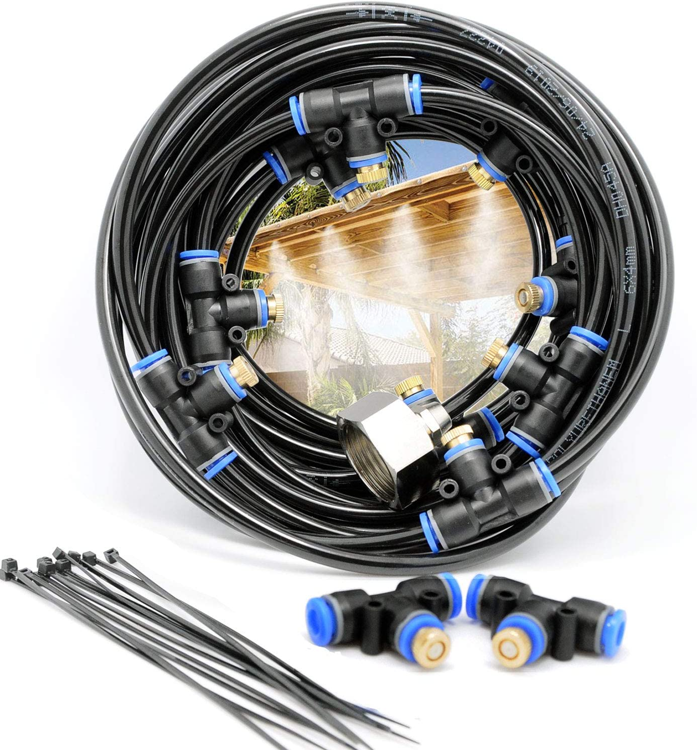 Misting Cooling System Kit 26.2FT(8M) Misting Line DIY Outdoor Mist Cooling Kit+11 Brass Nozzles Garden Misting Irrigation System for Garden Greenhouse, Flower Bed,Patio,Lawn image number 3