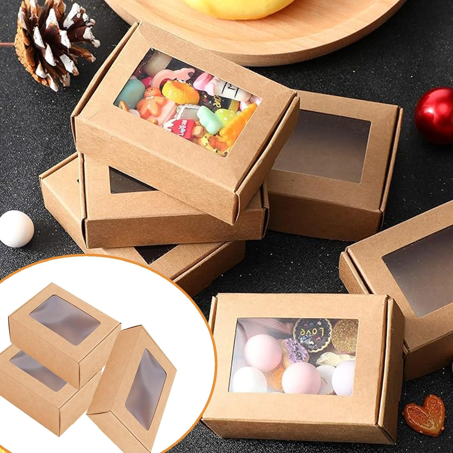 Lxcshljx 50Pcs Small Rectangle Kraft Paper Box with Transparent Windows - Brown Bakery, Treat Gift, Present Packaging for Candy, Chocolate, Jewelry image number 5
