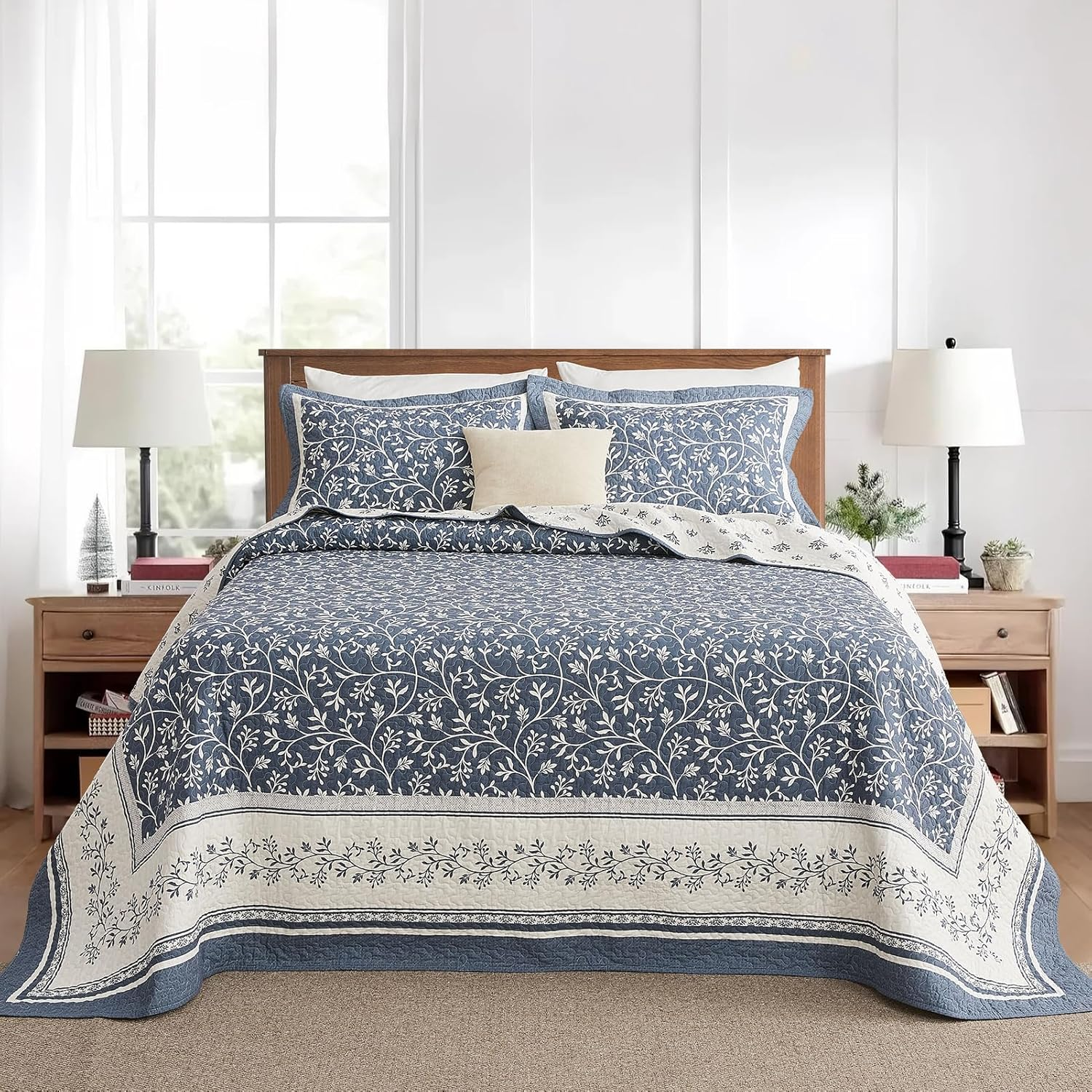 Quiltease Oversized King Bedspread - 120" Lx128 W Extra Wide - 100% Cotton Lightweight Vine Botanical California Quilt Sets - Reversible Super Bed Coverlet Set - Grayish-Blue/Light Gray