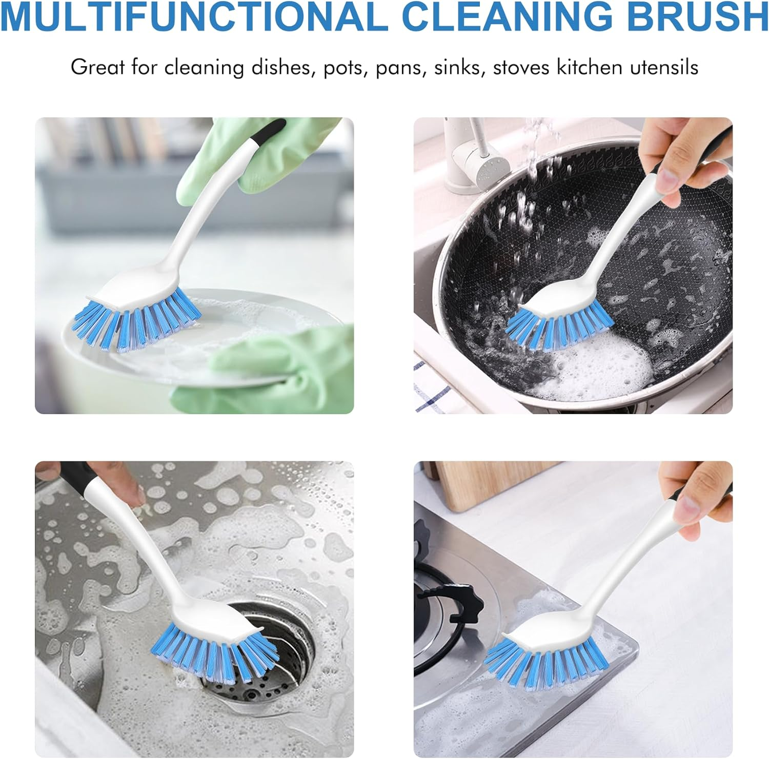 Setsail Dish Brush with Handle, 2 Pack Stiff Bristles Dish Scrubber with Built-In Scraper Dish Scrub Brushes for Cleaning Dishes, Pots and Pans, Kitchen Sink