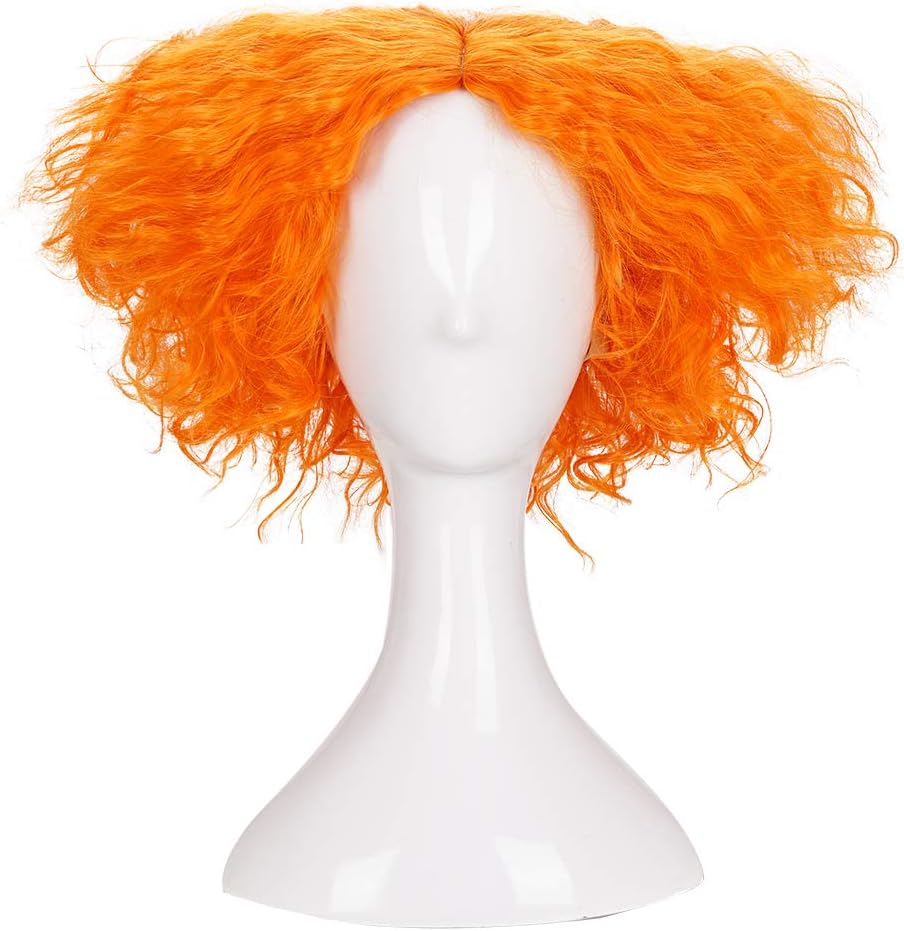 Morvally Mad Hatter Short Fluffy Messy Curly Hair Costume Cosplay Hlloween Party Orange Wigs image number 1