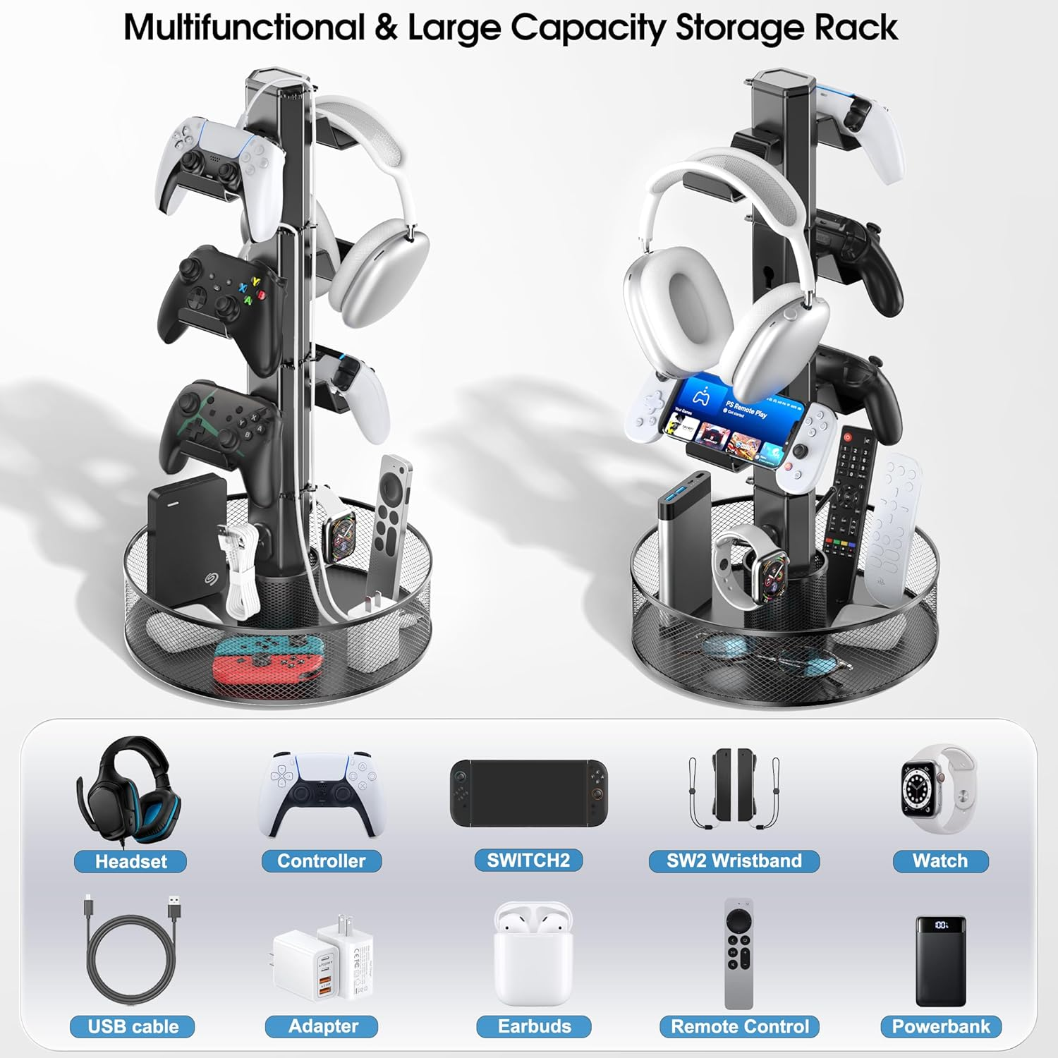 Kosker Rotatable Gaming Controller Holder with Basket for Desk,Universal Headset & Controller Stand for PS 5/PS 4/Xbox/Switch/Pc Accessories,Headphone Holder with Cable Organizer,4 Tiers Black image number 6