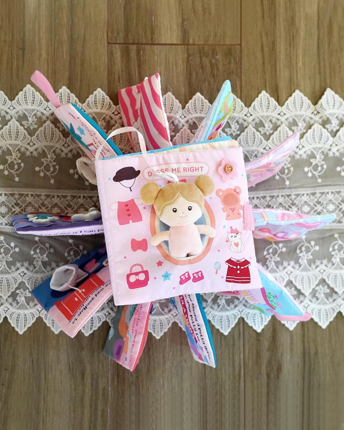 Leyadoll Interactive Sensory Soft Cloth Book, Educational Crinkle Quiet Activity Busy Book for Babies,Toddler Travel Toy 1-3 Year Old Boys and Girls (Dress Me Right) - Hello-Potty-Pink image number 7