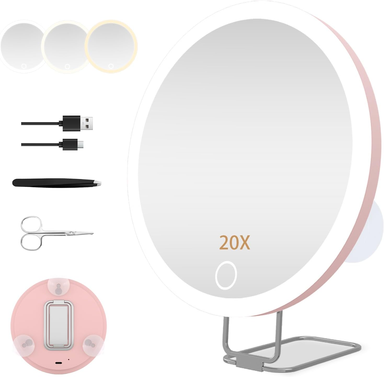 30X Magnifying Mirror with Light,6" Large Makeup Magnifying Mirror,3 Colors Dimmable Makeup Mirror with 360&deg; Table Stand,Portable, with 3 Suction Cups(Black)
