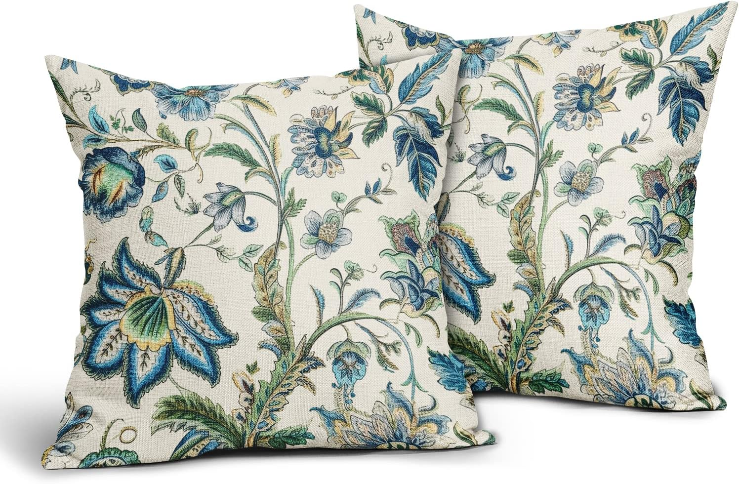 Sweetshow Chinoiserie Outdoor Pillow Covers 16X16 Inch Pack of 2 Boho Blue Floral Pillow Covers Vintage Farmhouse Outdoor Pillowcase Square Linen Cushion Cover for Bedroom Sofa Couch Home Decor