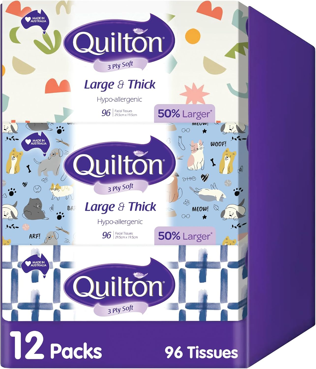 Quilton 3 Ply Large & Thick Facial Tissue 96S X 12 Boxes