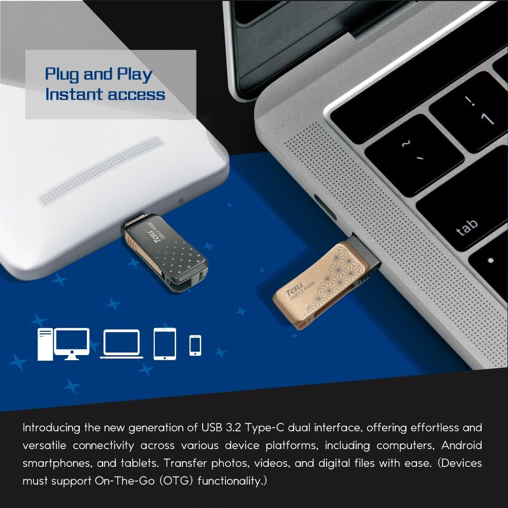TCELL High Speed Dual Flash Drive with Zinc Alloy Design,Nezuko Asanoha Gold 64GB USB 3.2 Type-C OTG 2-In-1, Read Speed up to 200Mb/S, Compatible with Usb/Iphone/Ipad/Ipod/Mac/Ipad Air/Mini/Android image number 2