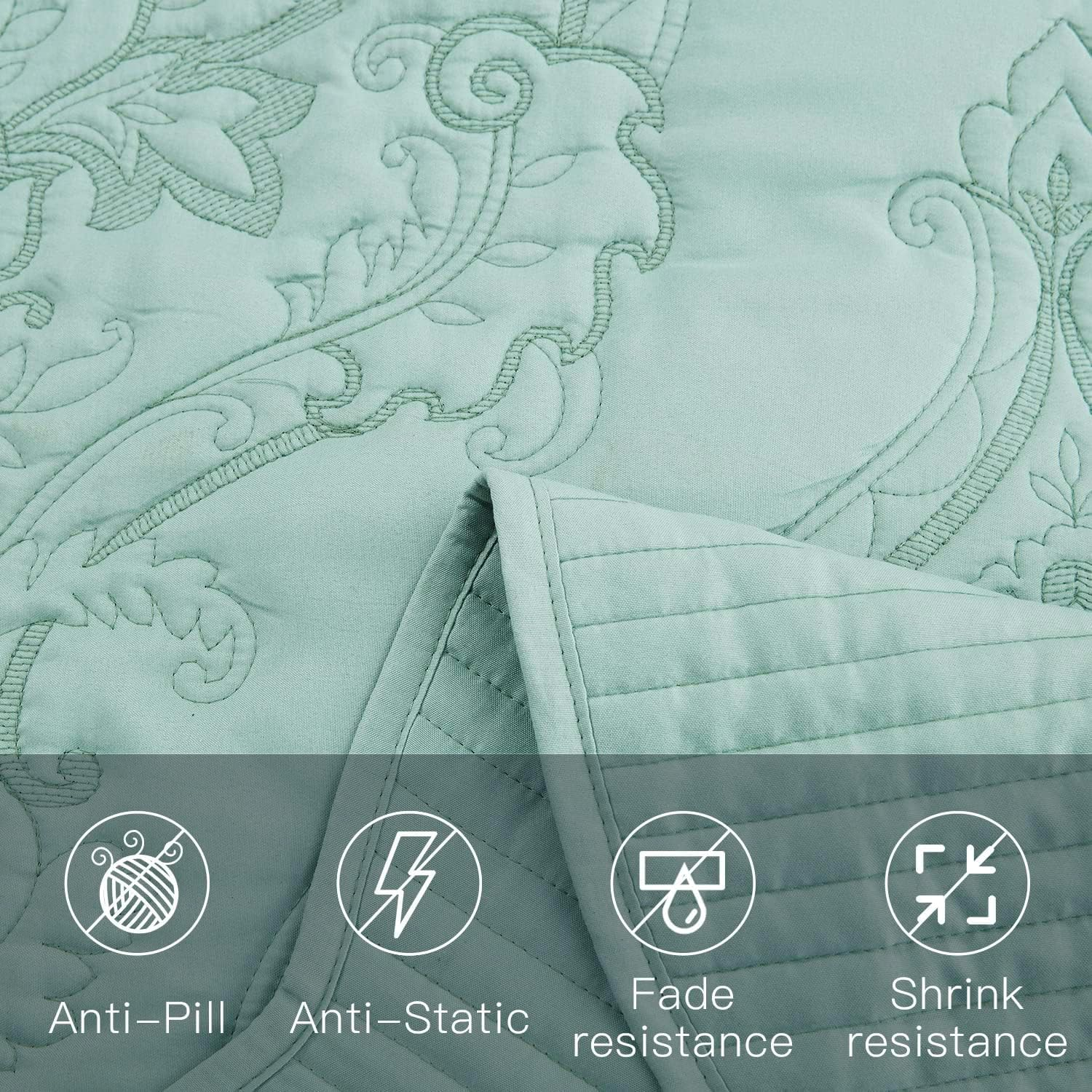 CHIXIN Oversized King Bedspread 128X120 Extra Wide - Lightweight Bedding Cover - Beautiful Stitching - 4 Piece Reversible Bedspread - Gorgeous Damask Paisley Pattern (King/Cal King, Seaglass) image number 6