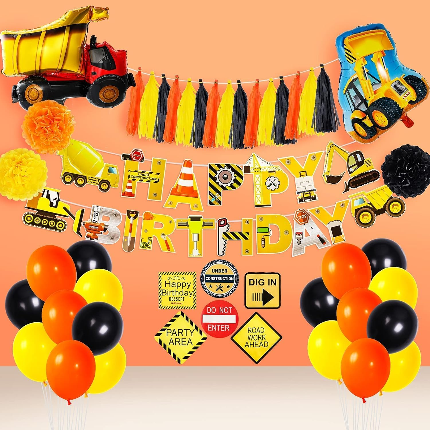 Construction Birthday Party Balloons, Construction Balloons Excavator Foil Balloons Construction Cupcake Toppers Construction Signs Construction Happy Birthday Banners for Birthday Party Decorations image number 1