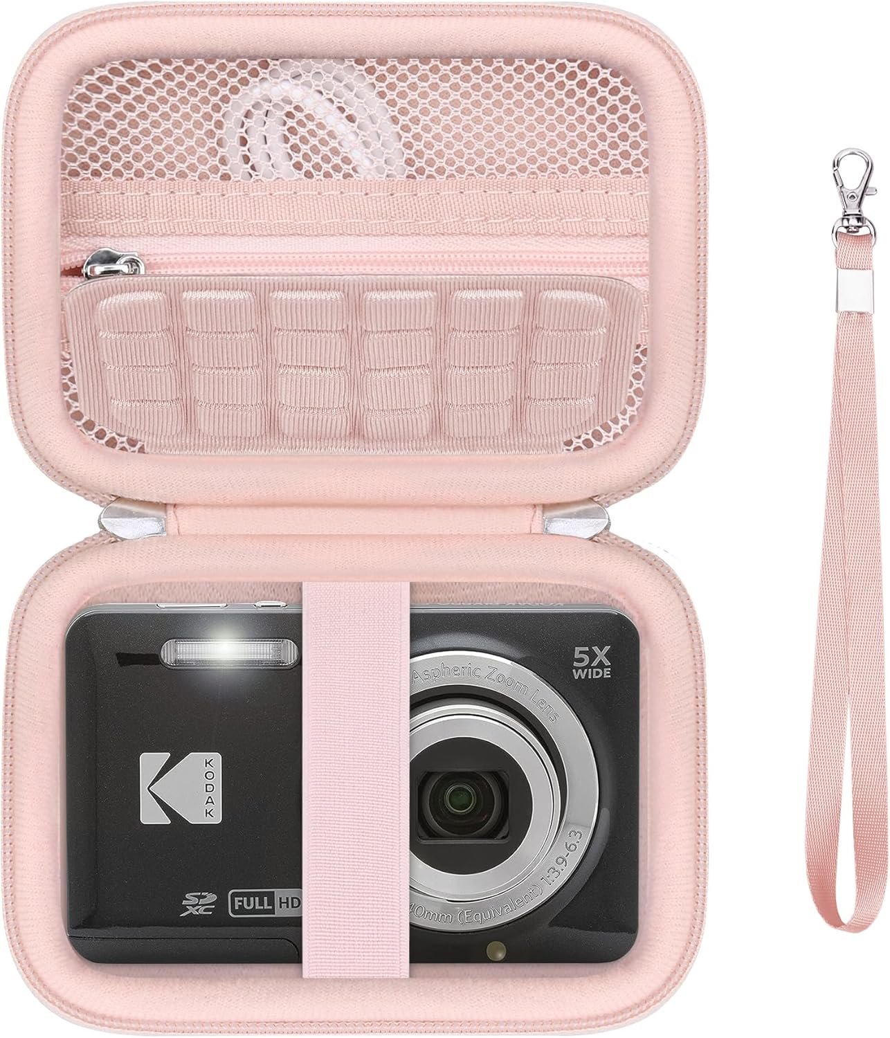 Supmay Digital Camera Case Compatible with Kodak PIXPRO FZ55 FZ45 Friendly Zoom Digital Camera, Vlogging Camera Storage Holder Travel Bag with Mesh Pocket for Battery, USB Cable, SD Card, Pink