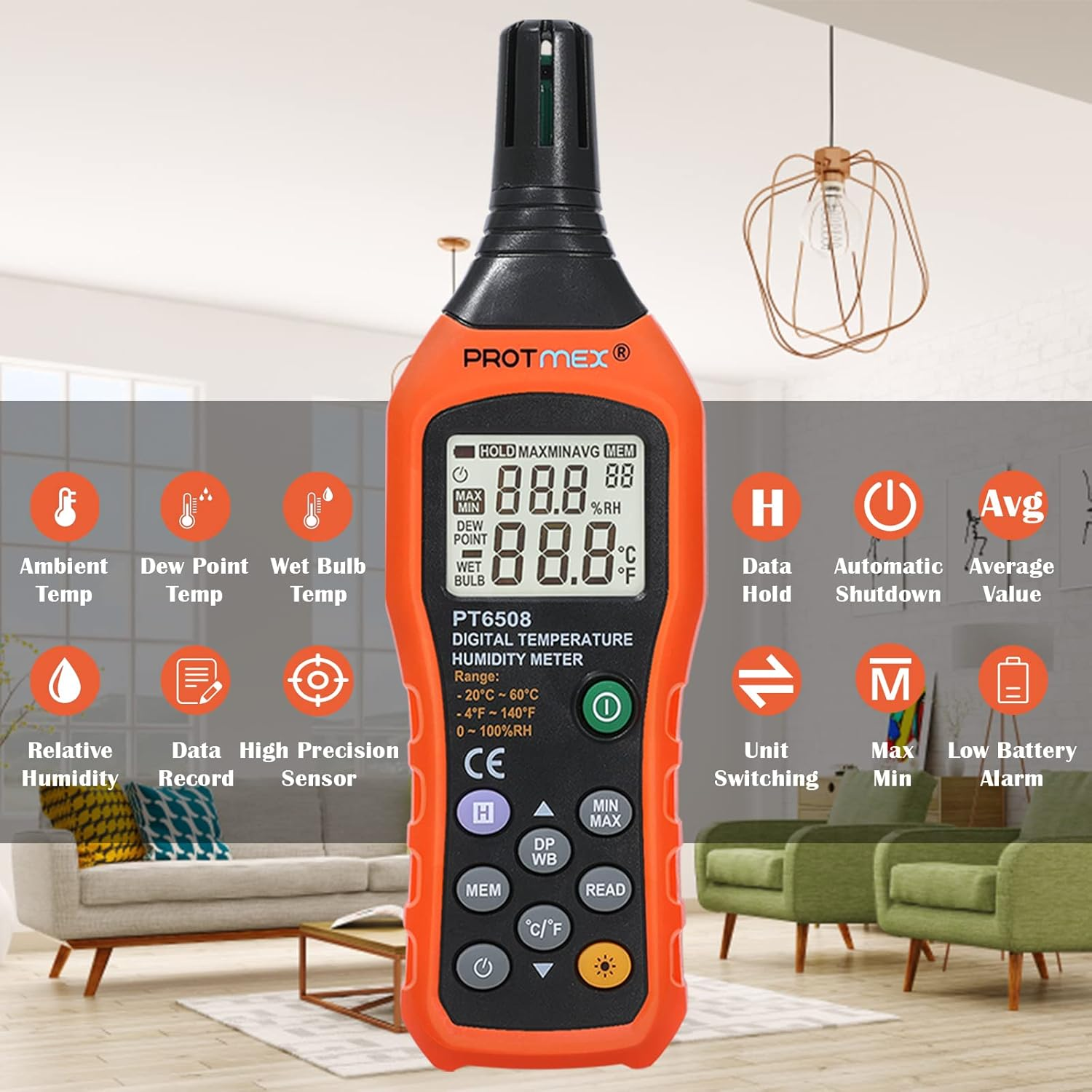 MS6508 Digital Humidity and Temperature Meter Three Types of Temperature Ambient Temperature Dew-Point Temperature Wet Bulb Temperature Min/Max Data Hold and Store LCD Backlight Monitor Thermometer image number 5