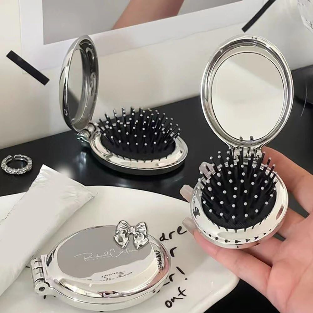 Folding Hair Brush with Pocket Mirror, 3Pcs Travel Size Folding Hair Comb with Pocket Mirror, round Mini Compact Massage Comb Folding Hair Brush with Mirror image number 1
