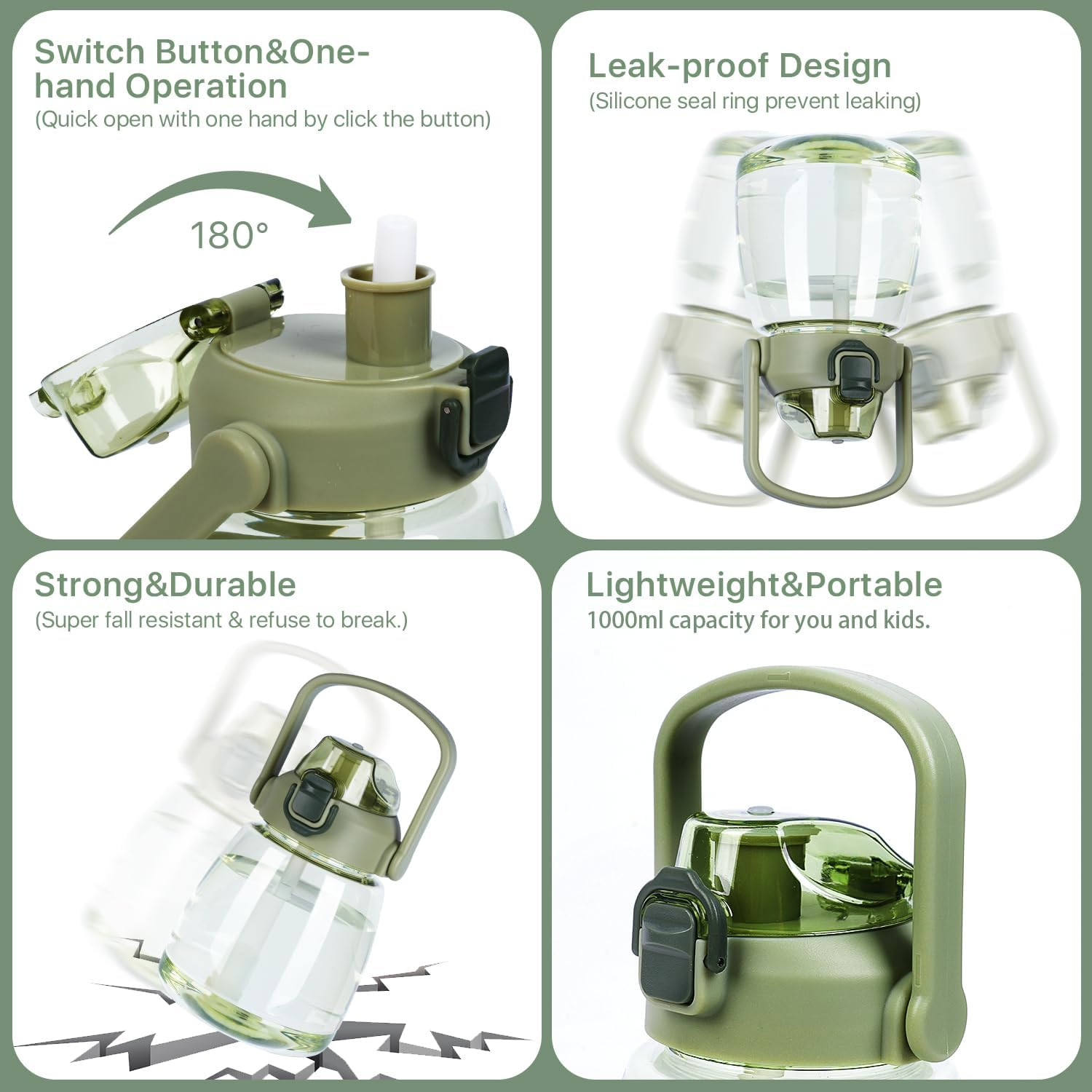 YOBOKO 1.1L Large Water Bottle Lovely Wide Mouth Drink Bottle with Handle Leak Proof Big Bottle with Straw and Adjustable Strap for Camping Cycling Gym Sports 1 PC (Purple) - Green image number 6