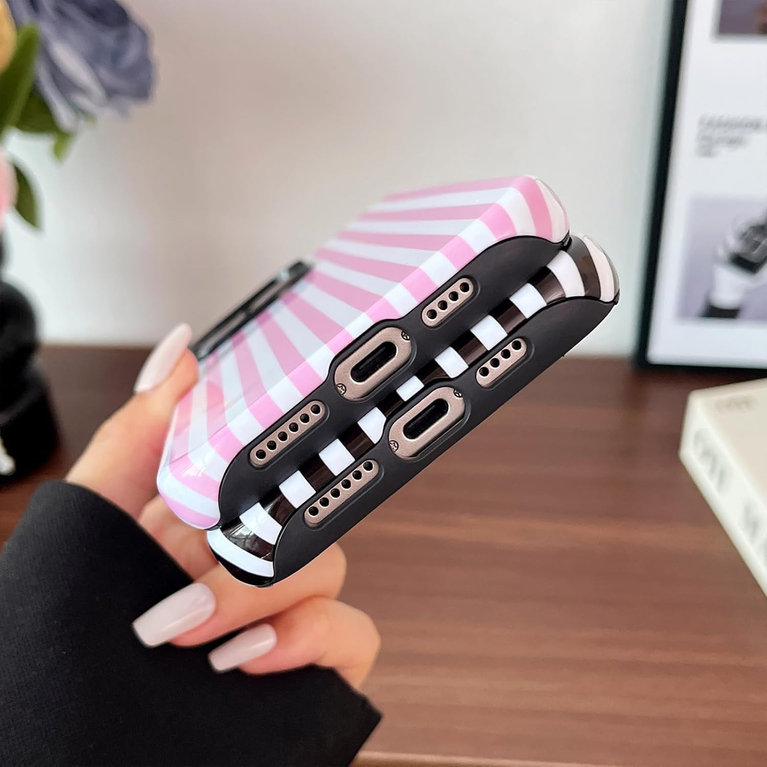 Compatible with Iphone 15 Pro Case, Cute Fashion Aesthetic Striped Pattern Cover for Women, Shockproof Soft TPU and Hard PC Protective Phone Case for Iphone 15 Pro 6.1"- Pink