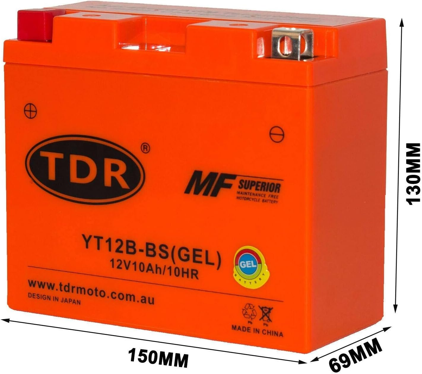 TDR YT12B-BS 12V 10Ah GEL Motorbike Battery image number 2