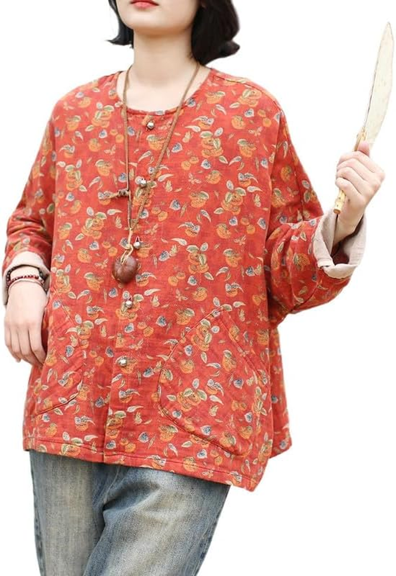 Women'S Vintage Batwing Sleeve Frog Button Jacket Loose round Neck Cotton Linen Ethnic Style Top Orange image number 4