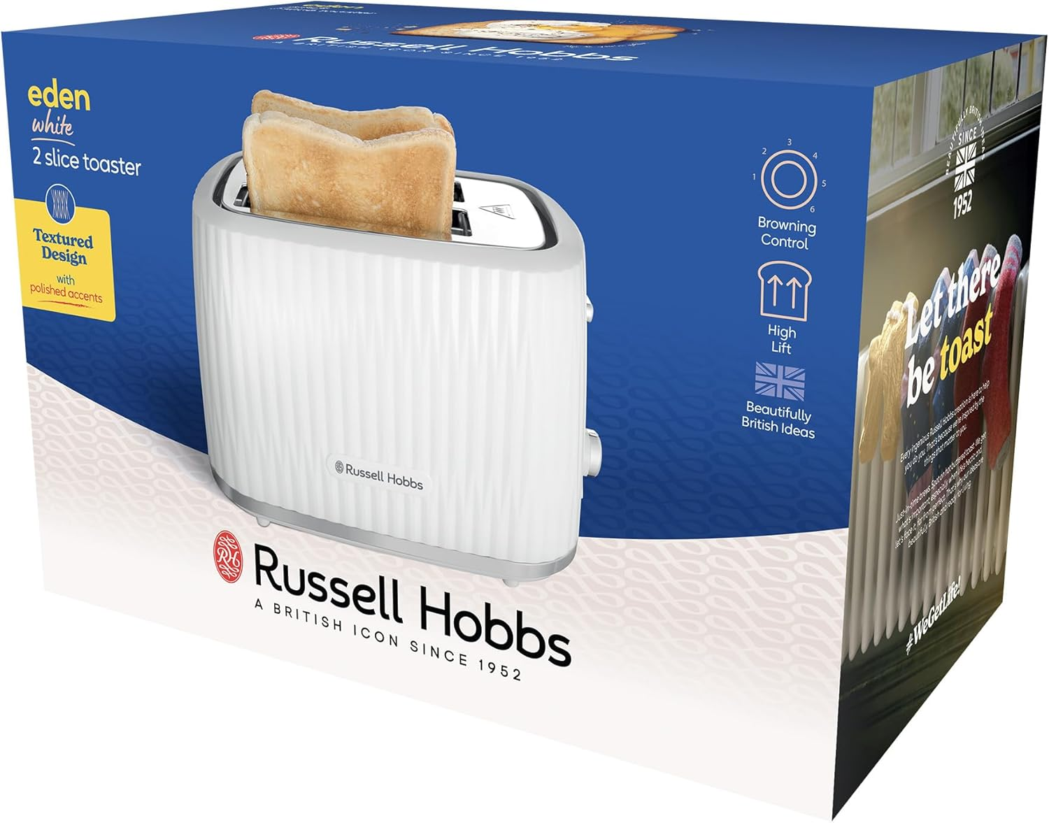 Russell Hobbs Eden 2 Slice Toaster, RHT2737WHT, Textured Design, High Lift, 6 Browning Settings, High Lift Feature, Crumb Tray, White image number 1
