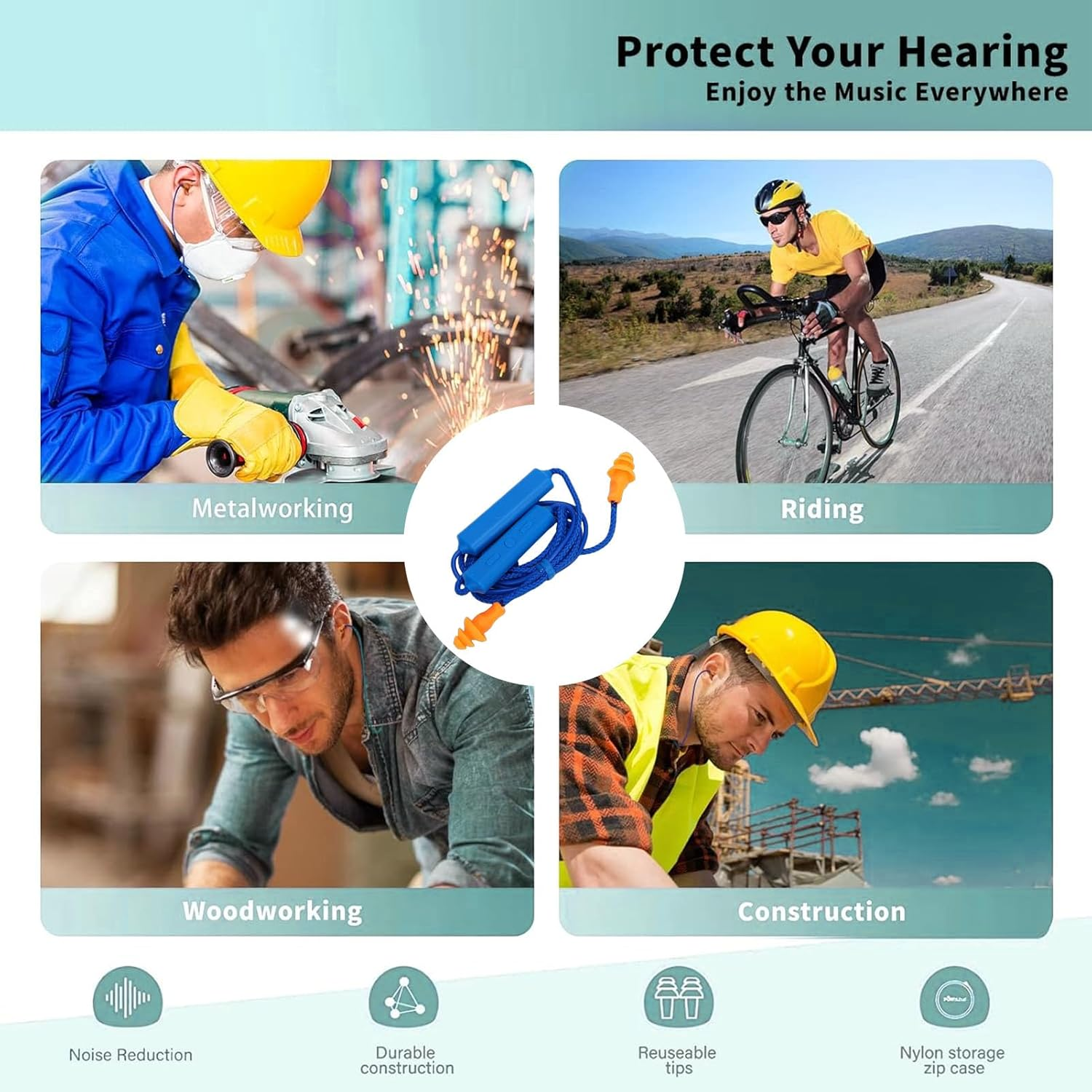 Bluetooth Earplug Headphones, 29Db Noise Reduction & IPX5 Water Proof, 20H Playtime, Concealable Neckband for Construction, Woodworking, Welding (Blue) - Blue image number 6