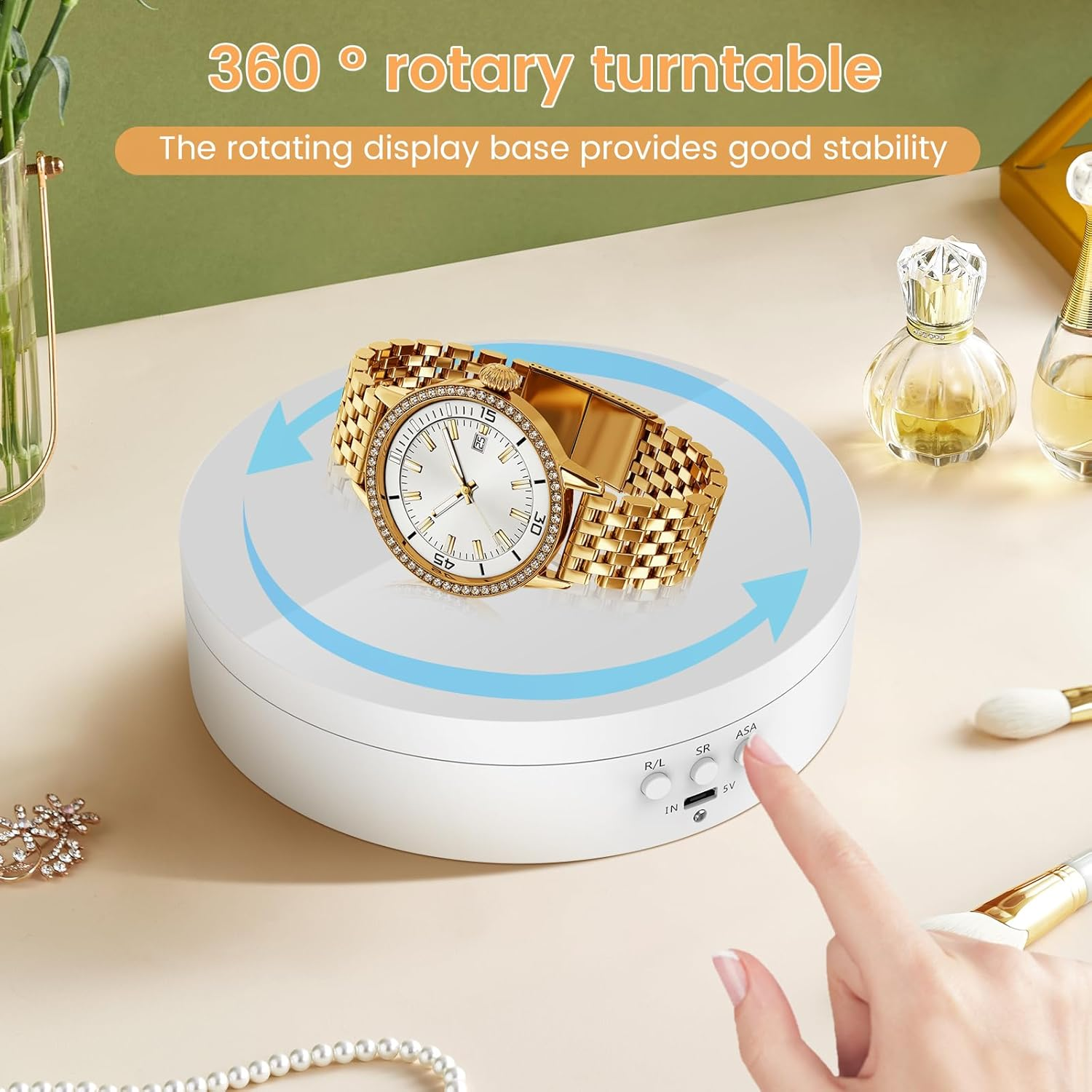 Rotating Display Stand 360&deg; Rotation Electric Rotating Turntable Speed and Direction Adjustable Turntable Display Stand with Low Noise for Jewelry/Photography Products/Watch/Cup and Ect. (White) - White image number 2