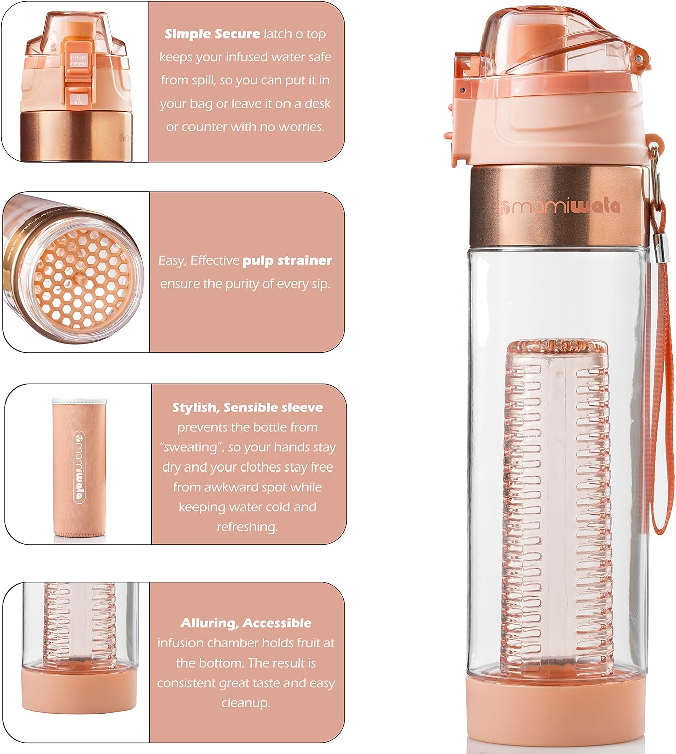 MAMI WATA Fruit Infuser Water Bottle - Beautiful Gift Box - Unique Stylish Design - Free Fruit Infused Water Recipes Ebook and Insulating Sleeve - 24Oz image number 6