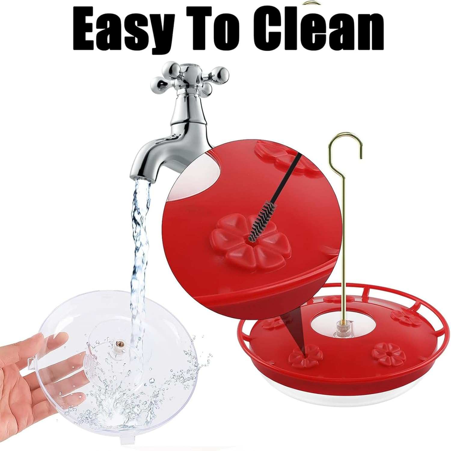 Hummingbird Feeder for Outdoors,Leak-Proof, Easy to Clean and Refill, Saucer Humming Bird Feeder Plastic, Including Hanging Hook, with 5 Feeding Ports (Red) image number 5