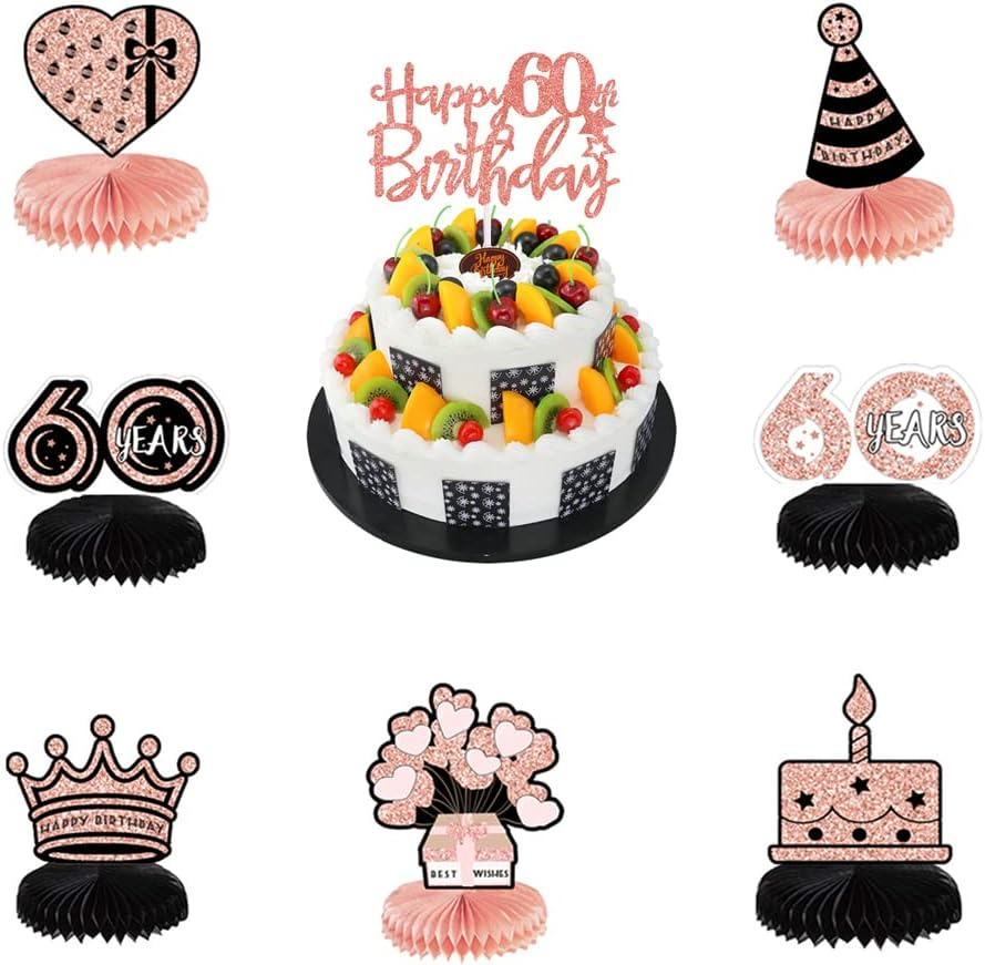 10 Pcs Happy 60Th Birthday Party Centerpieces Party Packs Honeycomb Table Decorations with Rose Gold Cake Topper for 60Th Birthday Decorations