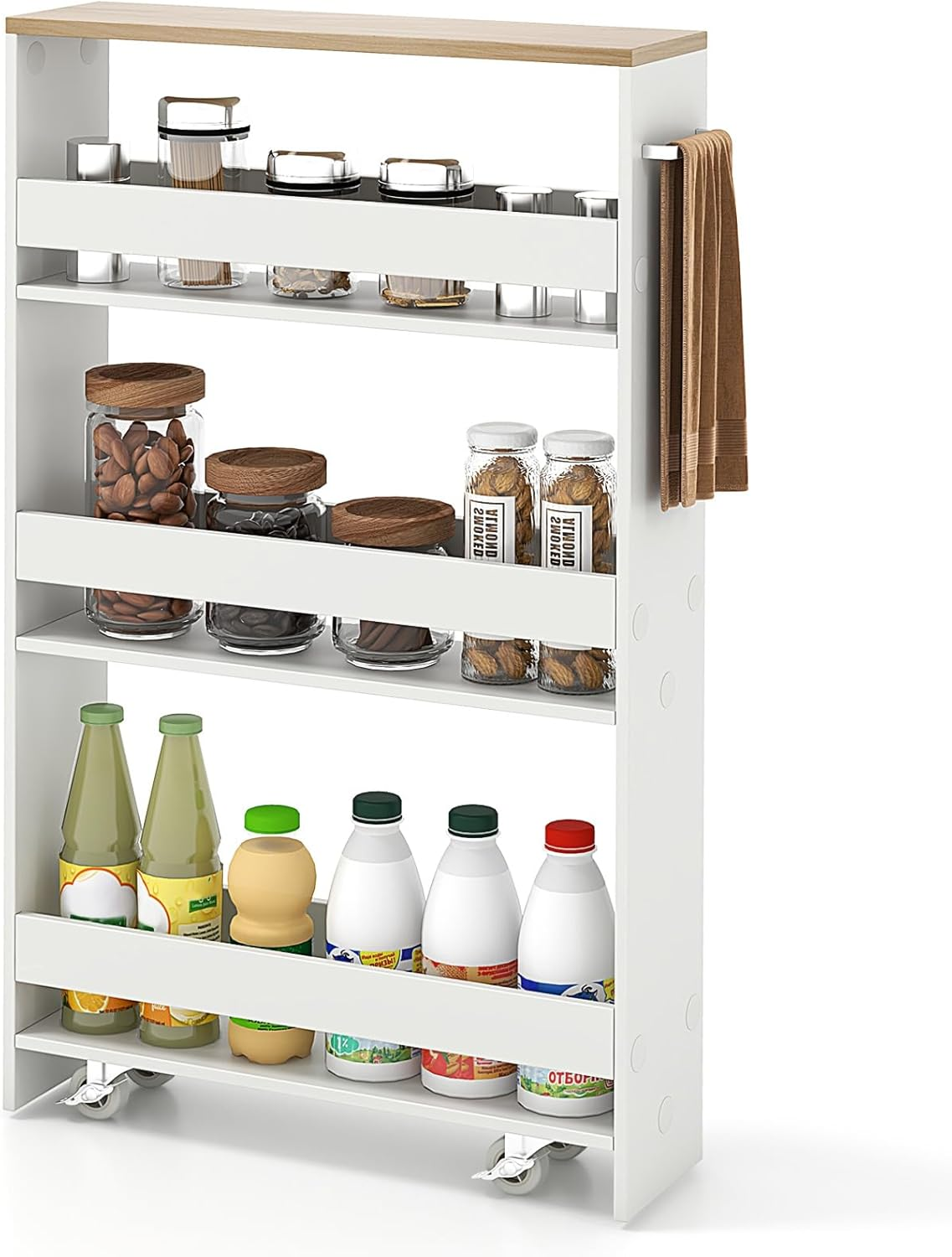 Costway Slim Storage Cart W/Handle, 4-Tier Slide Out Utility Cart, Shelving Unit Organizer Trolley for Narrow Places, Perfect for Laundry, Kitchen, Living Room (Rustic Brown+White)