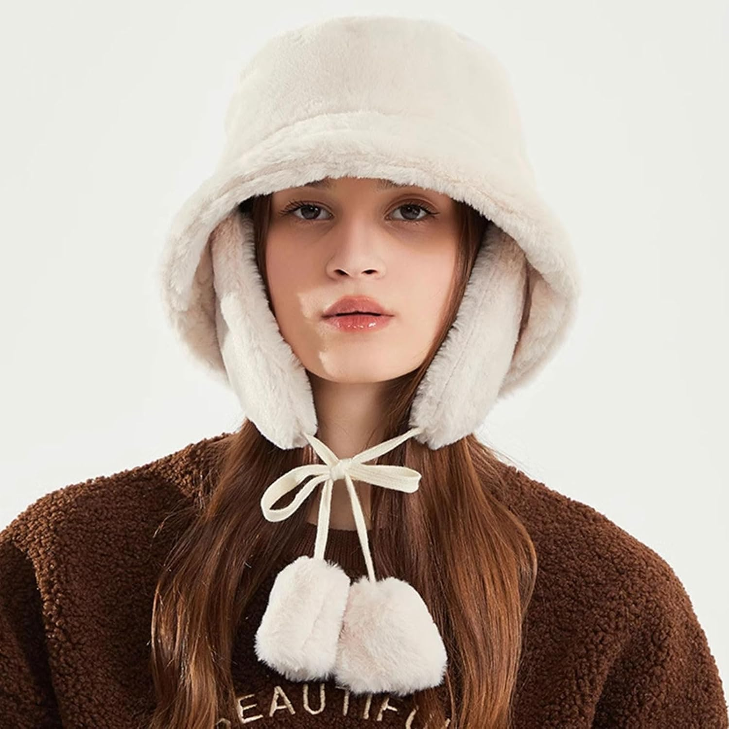 Bucket Hat with Earmuffs for Winter Women'S Warm Fluffy and Warm Makes Face Look Smaller Soft Winter Fleece Foldable Hat Cute Stylish for Bicycles School Walking One Size image number 1