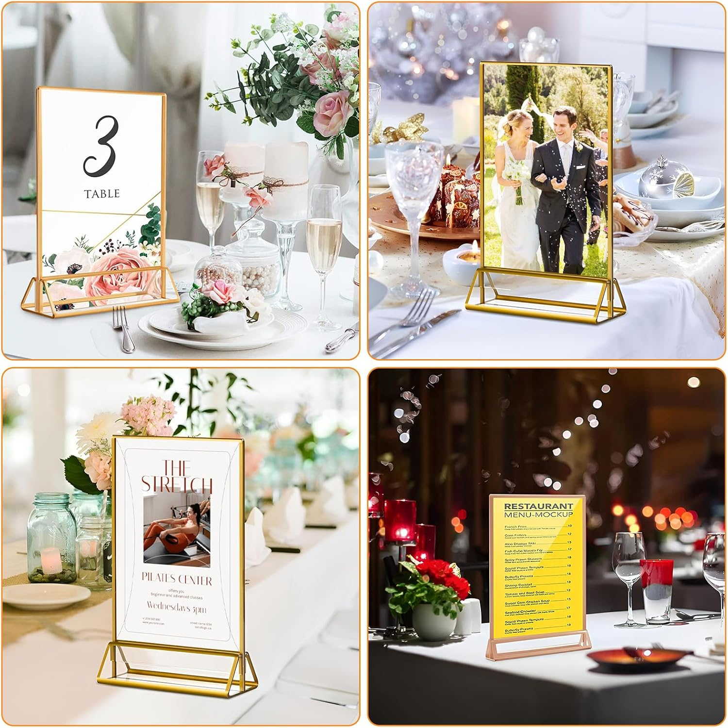 6 Pack A5 Gold Border Acrylic Sign Holders, Table Number Holders for Wedding, Double Sided Menu Display Stand, Poster Picture Frame, Clear Tabletop Holder for Store Restaurant Party Office image number 2