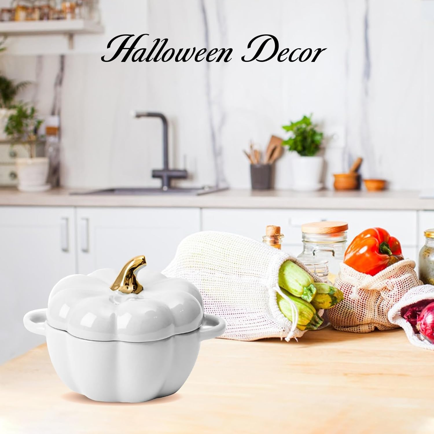 Cute Bowl with Lid, 15 Ounce Ceramic Pumpkin Soup Bowl with Handle, Microwave & Dishwasher Safe Pumpkin Dish Soup Cereal Bowl, Decor Dinnerware for Home Thanksgiving Halloween Party (White) - Green image number 3