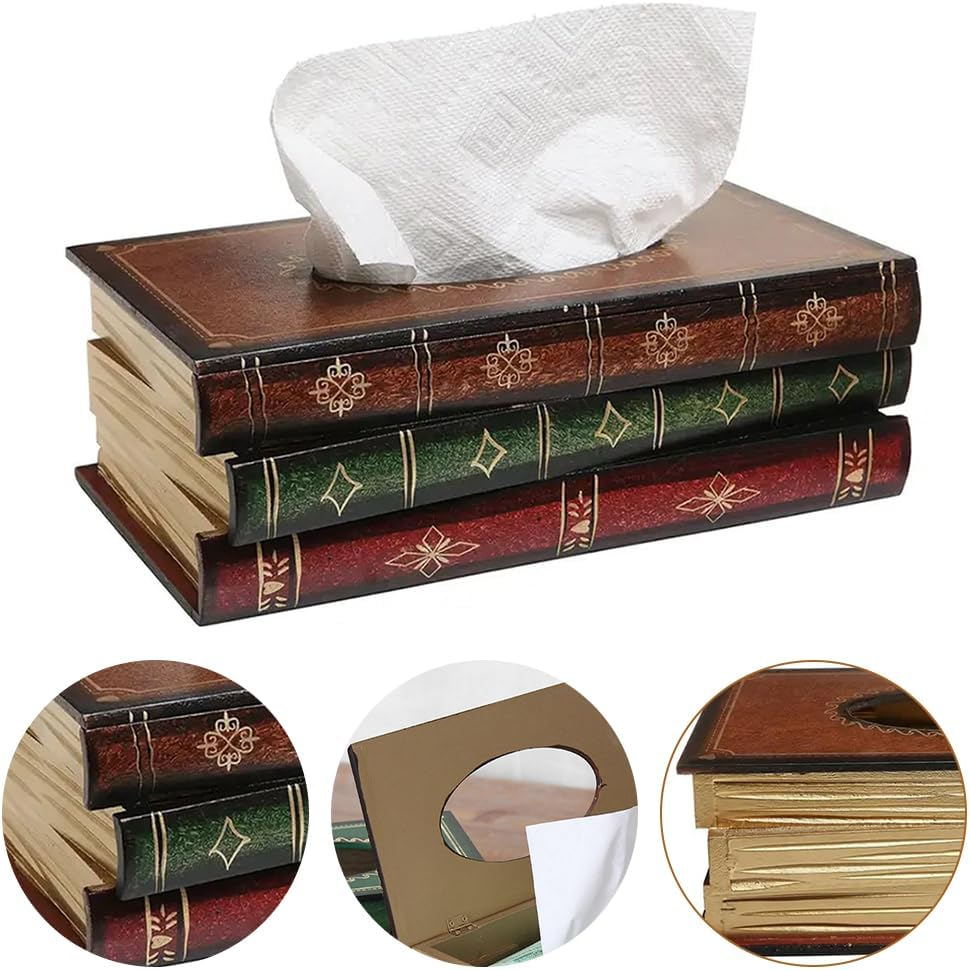 Square Tissue Box Holder with Durable Material, Antique Book Tissue Holder Dispenser, Retro Wooden Antique Book Tissue Box, Decor for Bathroom, Living Room, Office, Car, Kitchen image number 5