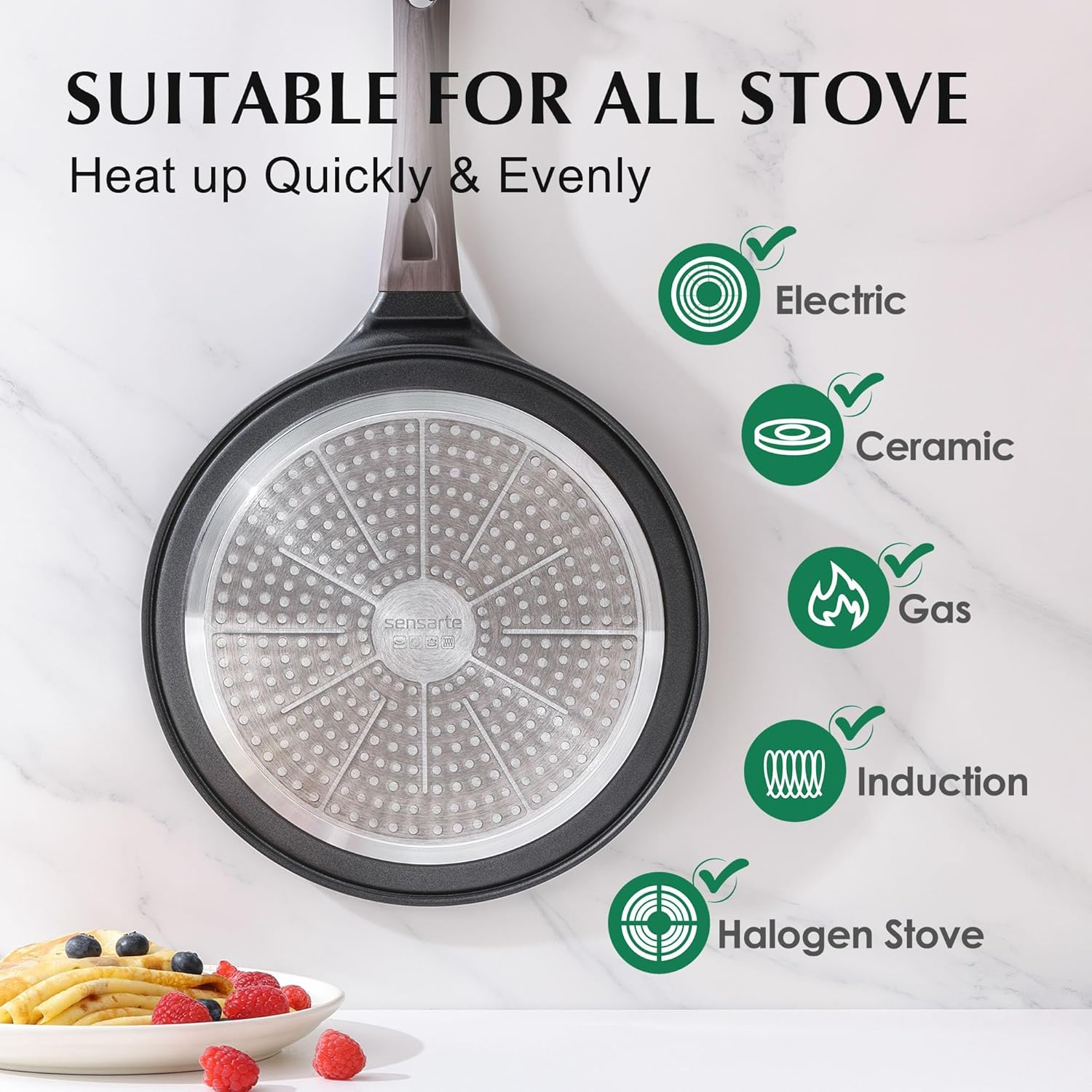 SENSARTE Black Crepe Pan 30 Cm Non-Stick Pan Omlette Pan Pancake Flat Pan with Swiss Granite Non-Stick Coating, Bakelite Handle, Induction Compatible, Pfoa-Free image number 6