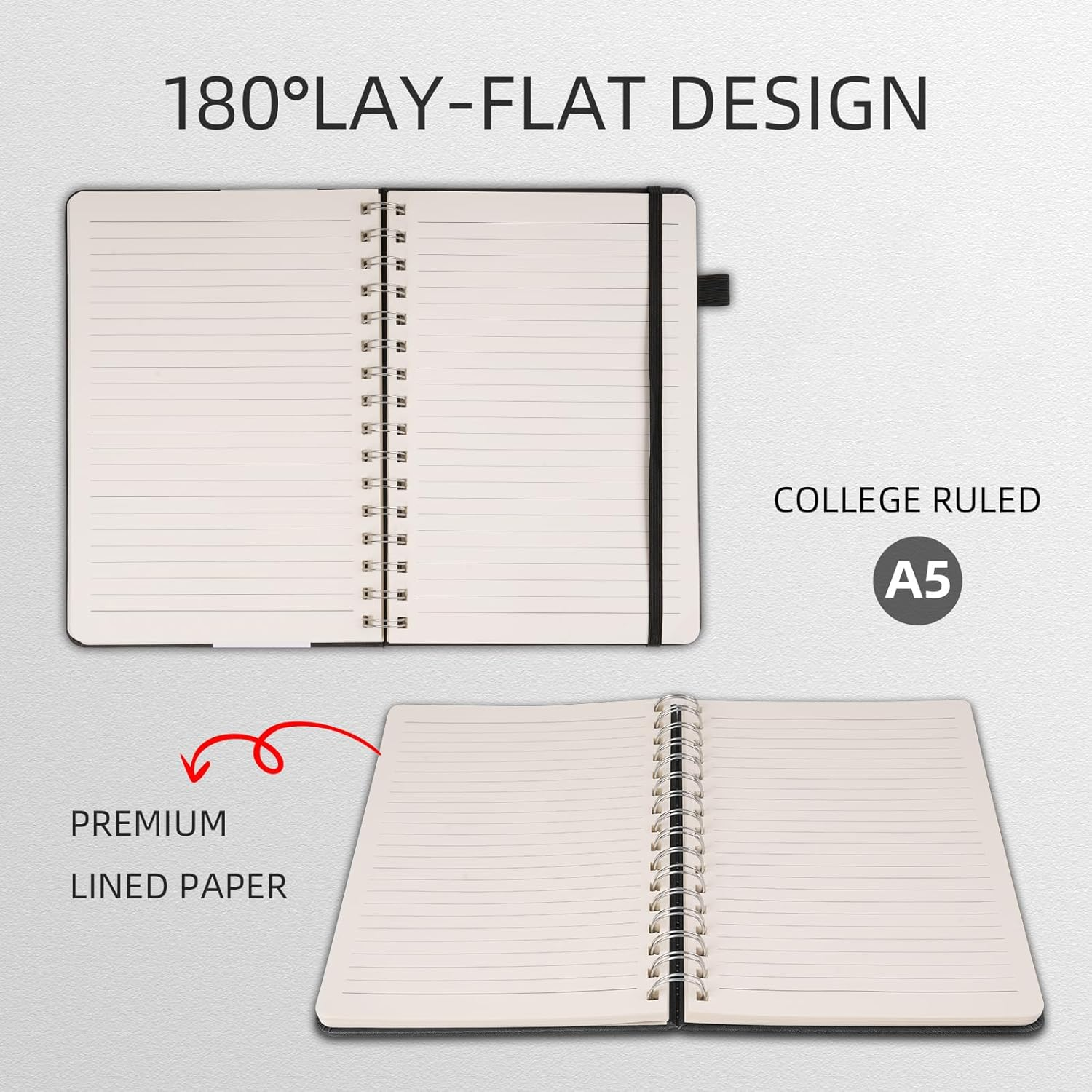 Lined Spiral Notebook Journal for Women Men 160 Pages A5 College Ruled Hardcover Leather with Pen Holder Notebook Journals for Note Taking Work (Black)