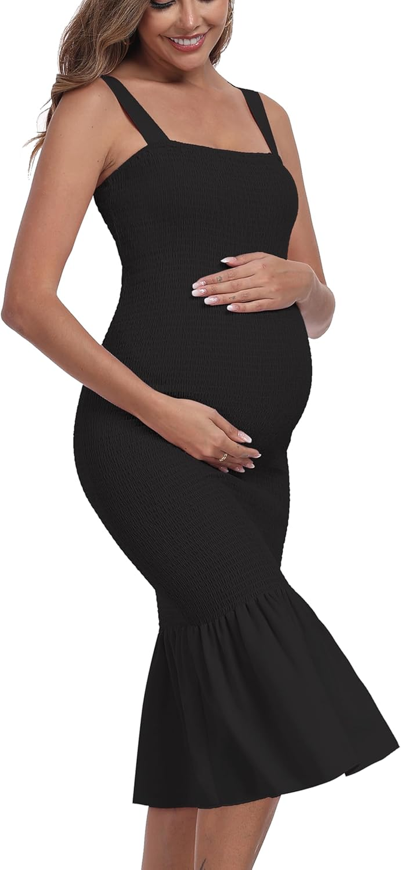 Summer Tank Maternity Dress Sleeveless Strappy Midi Bodycon Square Neck Ruffle Mermaid Smocked Dress for Baby Shower