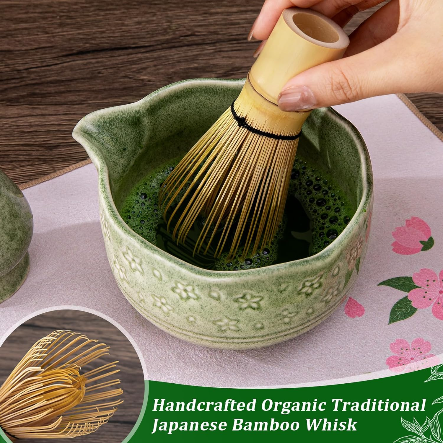 Matcha Whisk Set, 7 Pcs Ceramic Matcha Kit for Traditional Tea Ceremony, with Handmade Spout Bowl, Bamboo Scoop and Rest, Whisk, Chasen Holder, Sifter, Tea Towel, Unique Gifts for Matcha Lovers, Green image number 3