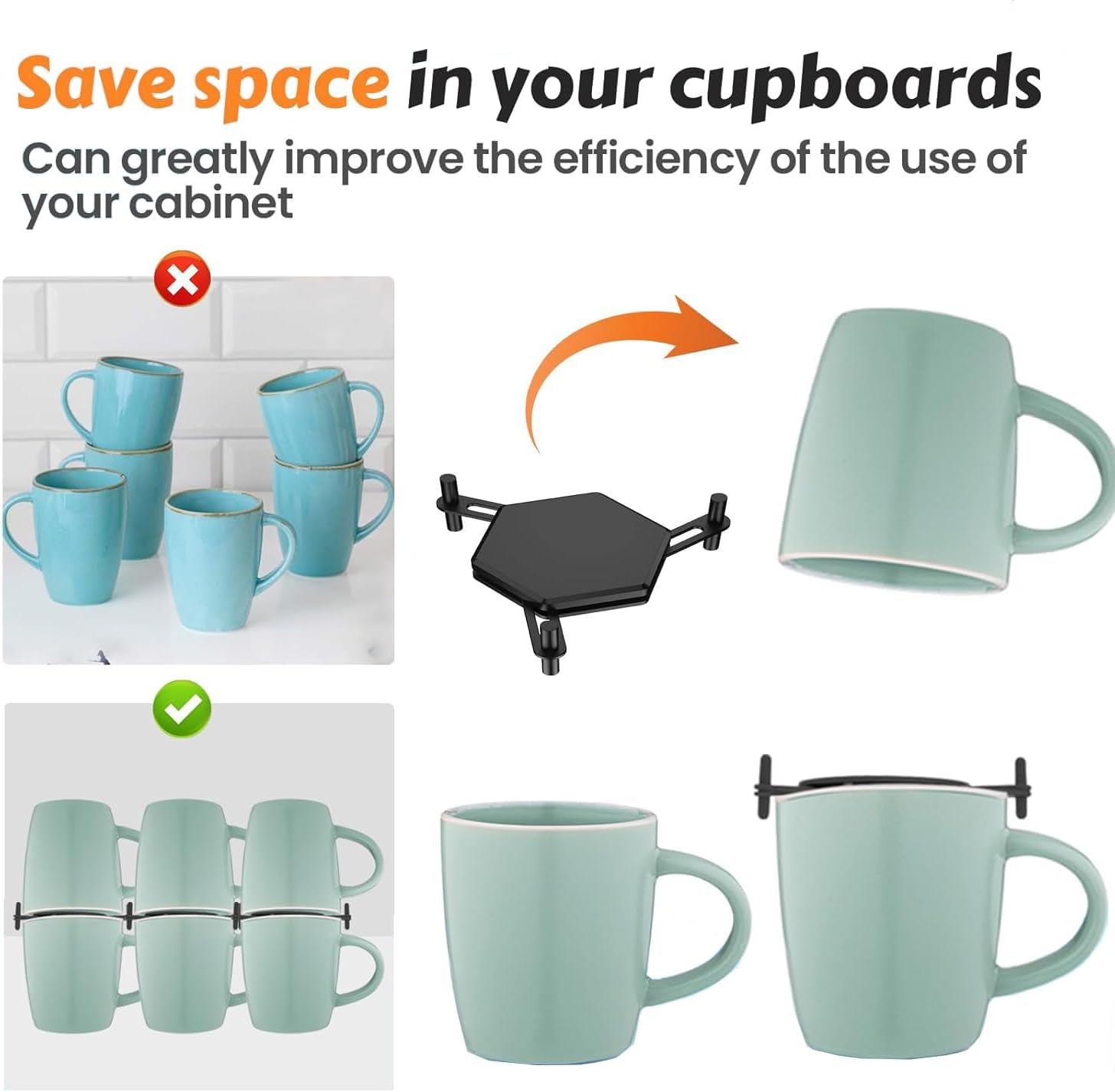 6Pcs Coffee Mug Holder, Stackable Coffee Cup Organizer, Adjustable Drinkware Stacker Organizer for Cabinet,Expandable Storage Organizer for Tea Cup and Coffee Mugs image number 5